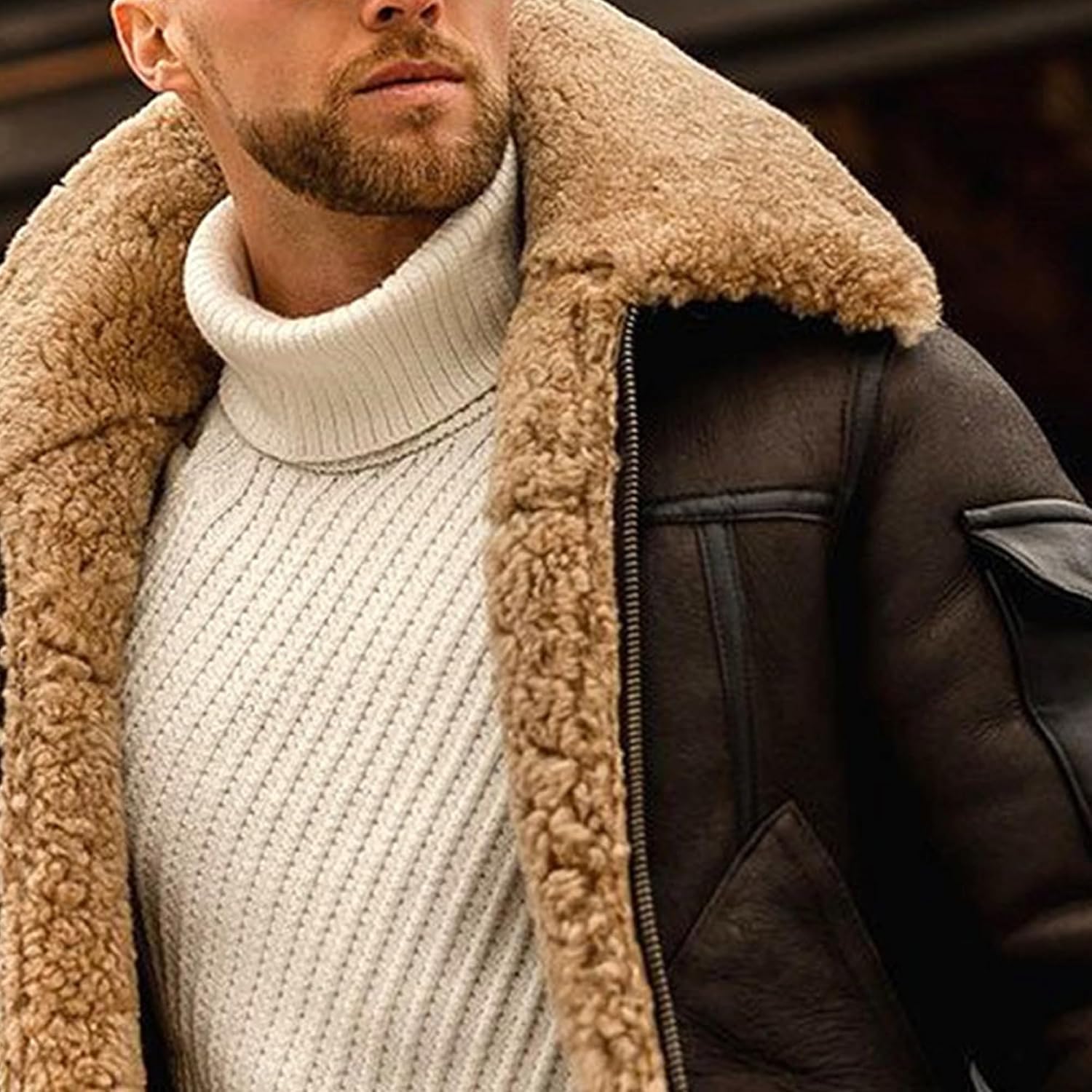 Mens Lapel Faux Fur Collar Thicken Bomber Overcoat Vintage Thicken Fuzzy Leather Jacket Winter Warm Coat