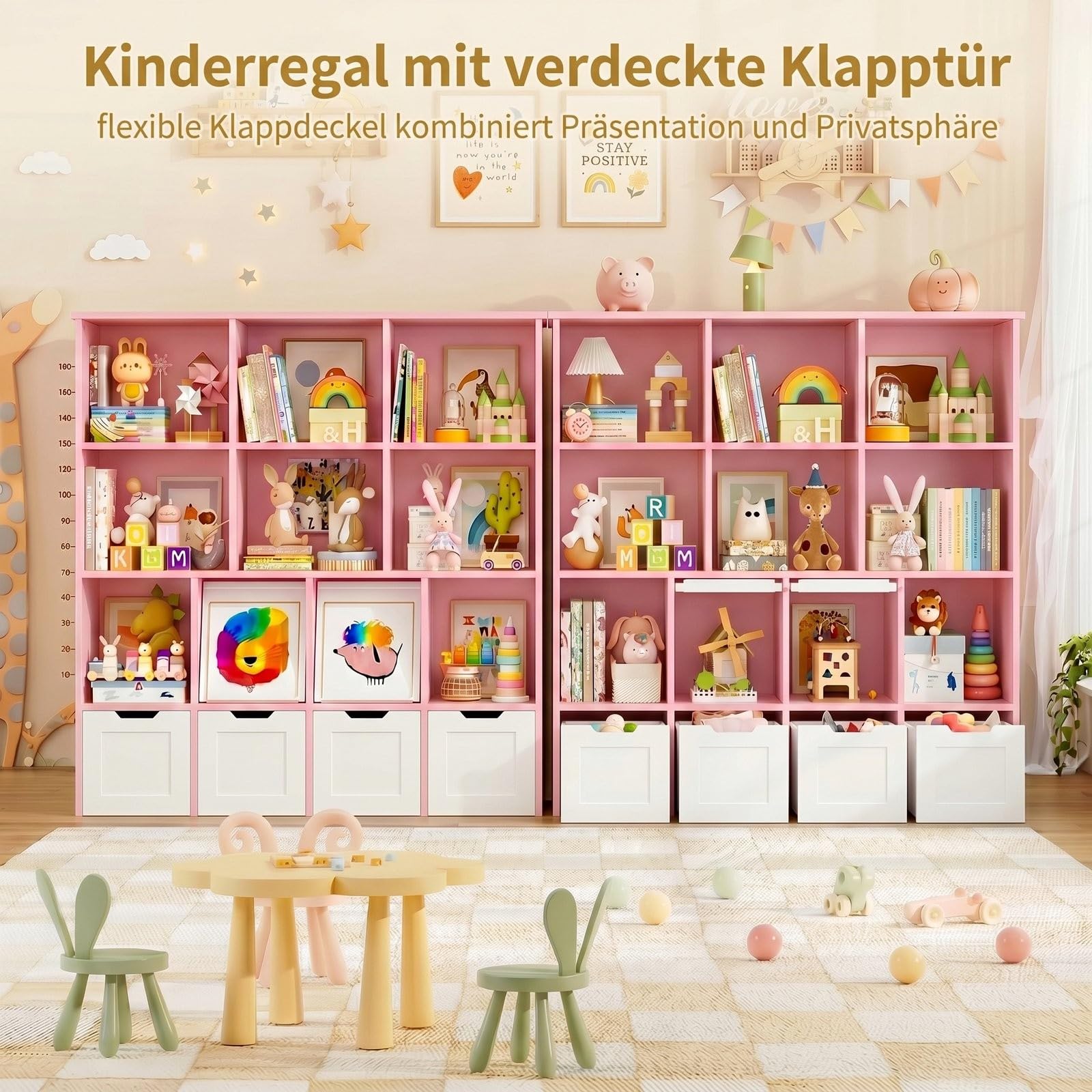 IRONCK Kinderregal Bücherregal mit verdeckte Klapptür (Rosa) | Kinderzimmer Möbel Spielzeugregl mit 4 Boxen auf Rollen, Kinder Kleiderschrank Aufbewahrungregal mit 10 Fächer