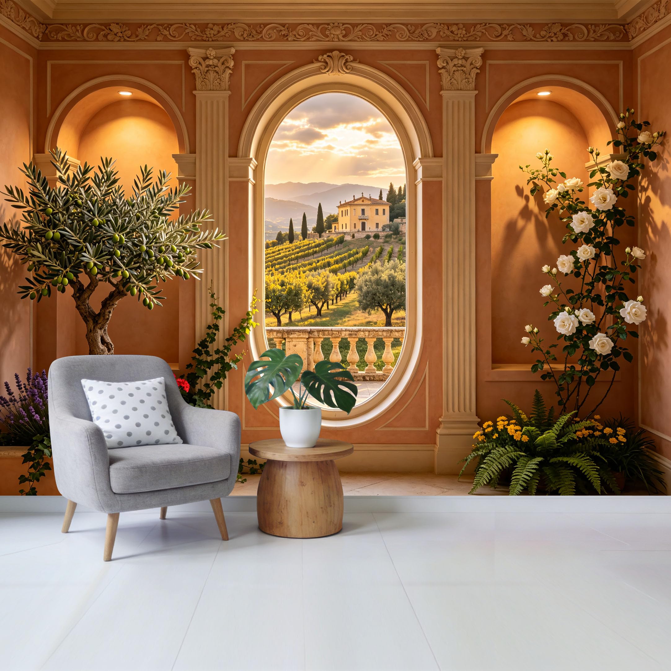 Custom Size Wall Mural Mediterranean Villa Landscape Arch View Olive Trees Floral Garden Removable Self Adhesive Fabric Home Wall Decor for Living Room Bedroom Bathroom