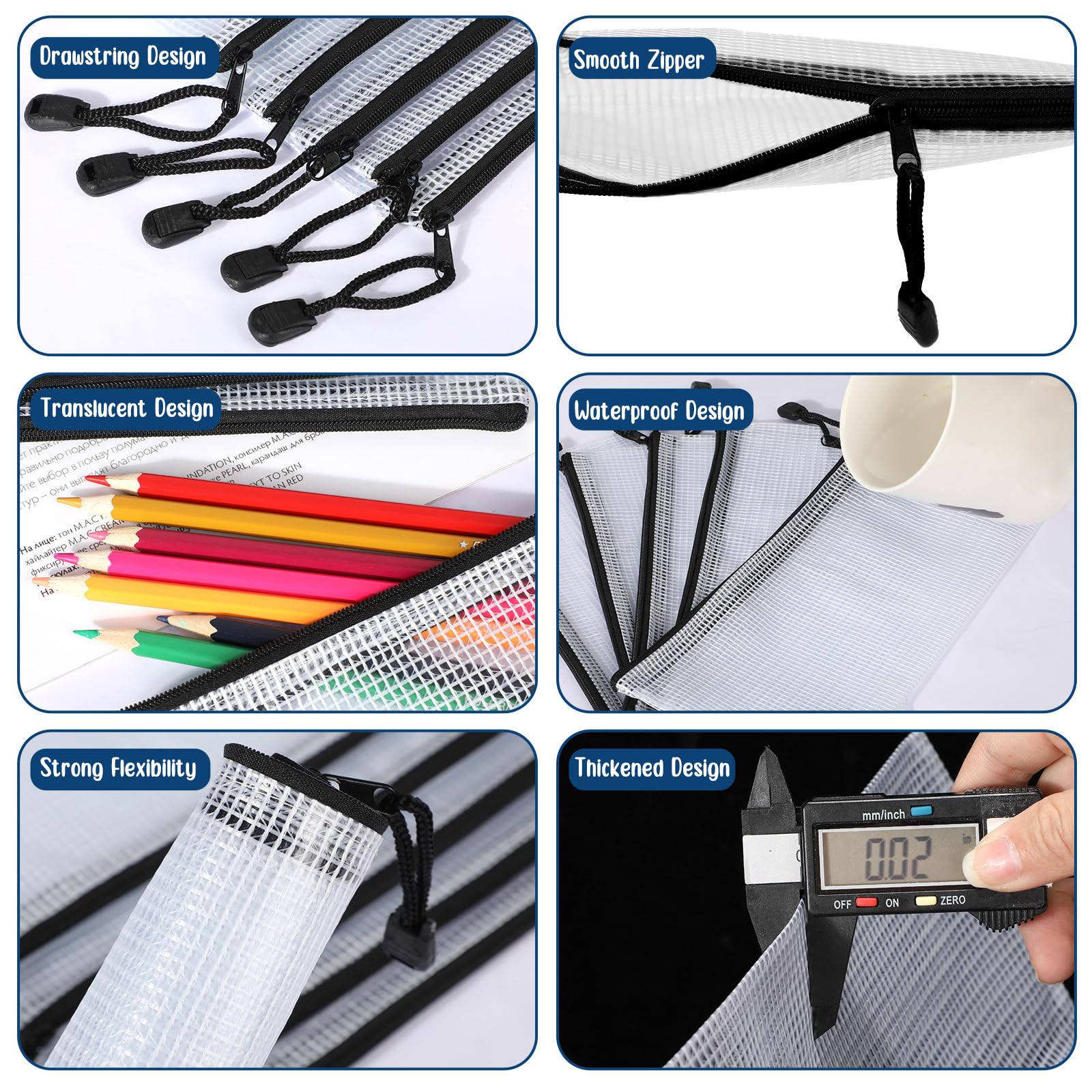Zhehao 300 sacchetti in rete A6 con cerniera, 24 x 11,5 cm, impermeabili, per matite, documenti, documenti, in plastica, per scuola, ufficio, casa, organizzazione, idea regalo (bianco e nero)