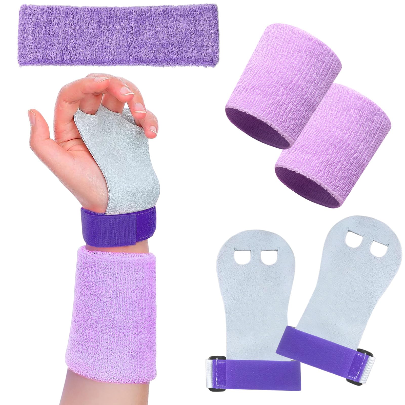 SSKHE Gymnastics Grips Set with Wristbands Sweatband, 5PCS Purple Protection Palm and Support Wrist for Youth Cross Training, Leather Pull Up Gloves Wrist Bandages, Sports Workout Exercise Equipment