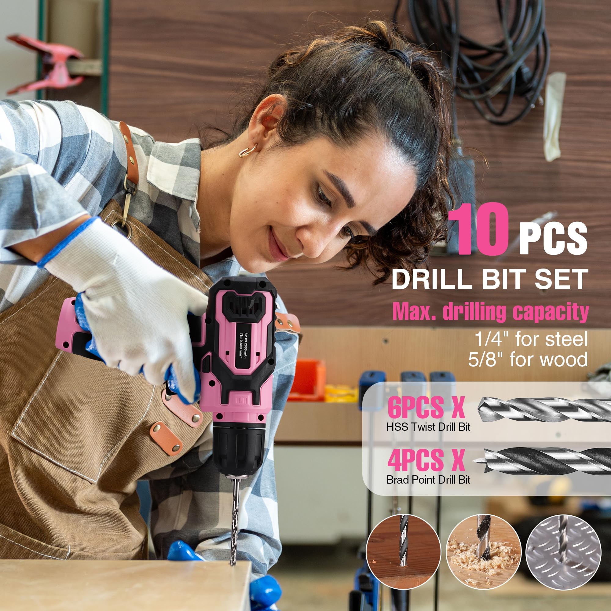 WORKPRO Juego de taladro eléctrico rosa y caja de herramientas apilable, destornillador inalámbrico de 8 V con juego de brocas, kit de destornillador eléctrico inalámbrico de 2.0 Ah con portabrocas