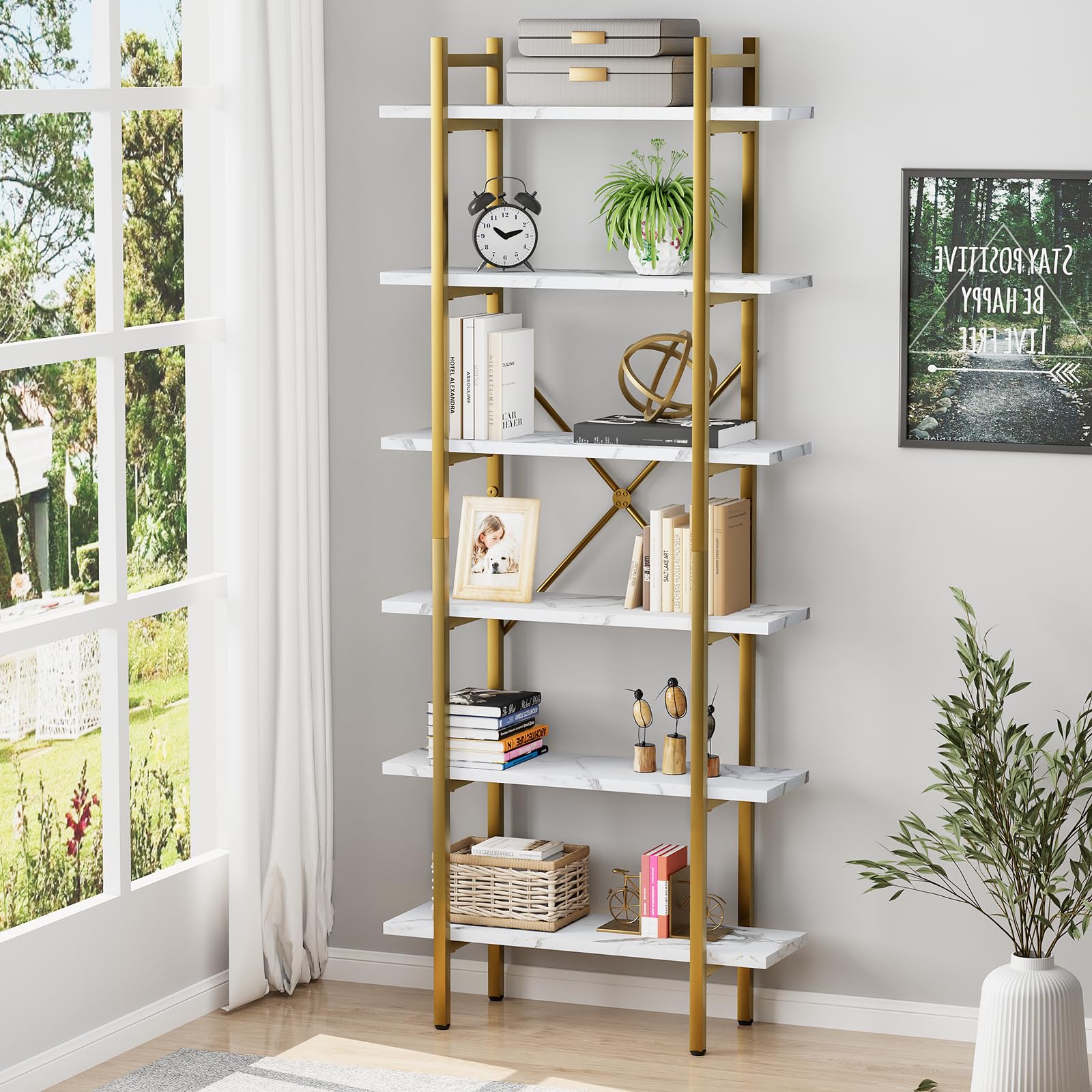 6 Tiers Bookshelf Organizer White Faux Marble Shelf,Modern Open Display Storage Bookcase, and Metal Bookshelf Standing Storage Shelf Tall Shelving Units for Home Office Study