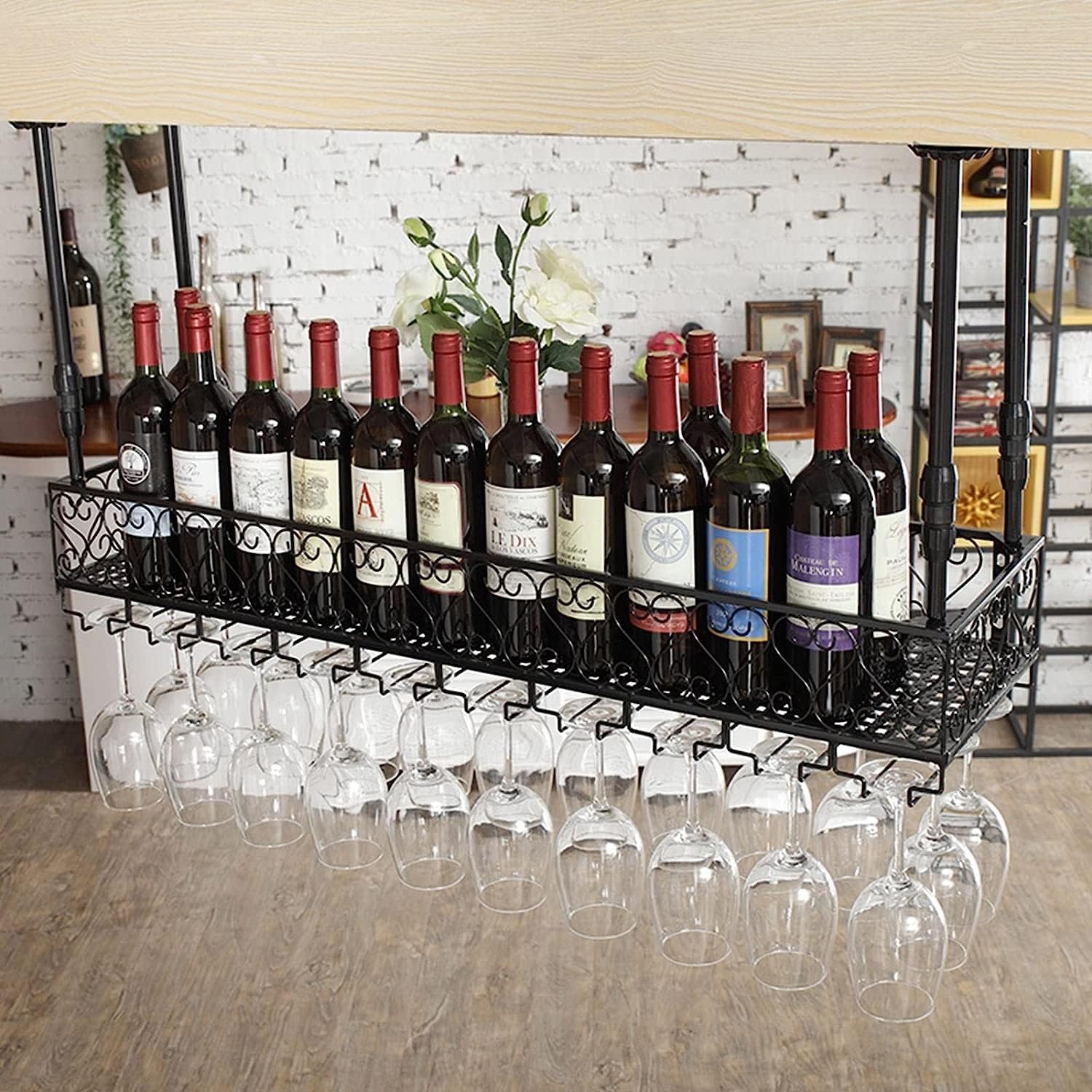 Vintage Metal Ceiling Wine Rack – Black Iron Glass Holder for Stemware Floating Shelf (120 x 25 cm) – Stylish Storage for Home Bar & Kitchen