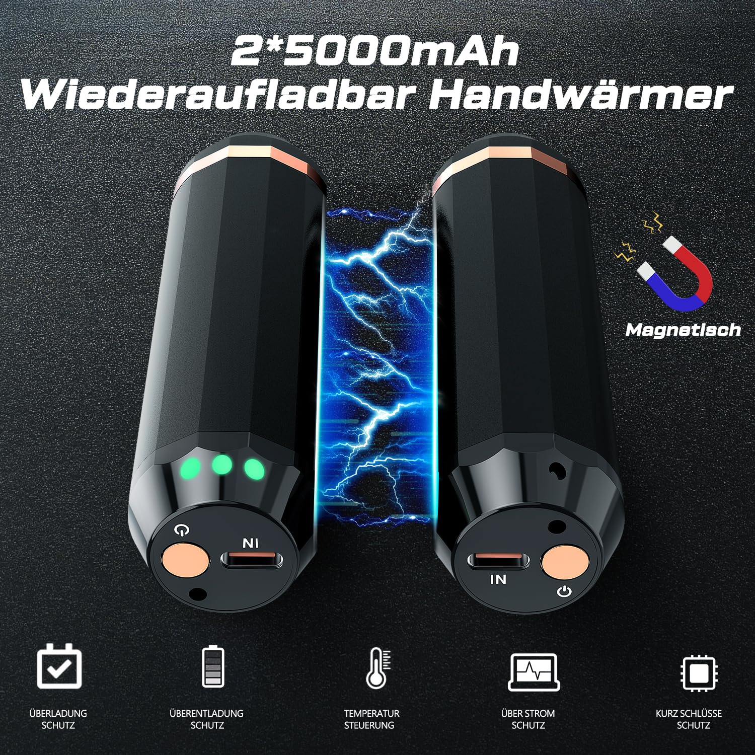 Handwärmer wiederaufladbar, Geteilte magnetische elektrische Handwärmer 2 Packungen, Handwärmer wiederverwendbar 3 Wärmestufen, tragbares Powerbank-Ladegerät 1000mAh, warmes Geschenk im Winter