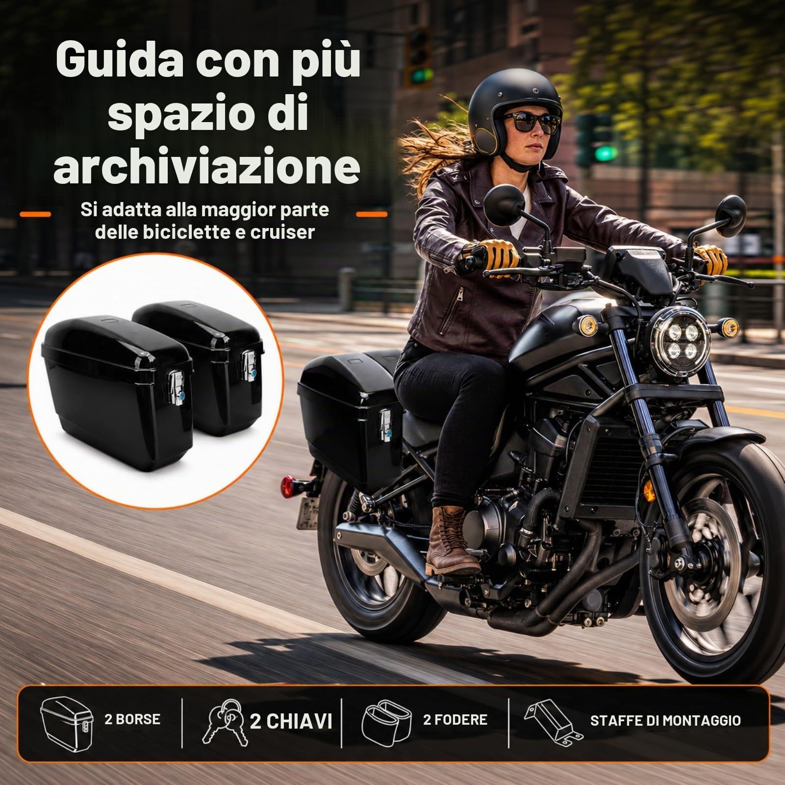 Valigia Laterale per Moto da 45 Litri con Kit di Montaggio | Borse Laterali Rigide in ABS con Serratura per vestibilità Universale Cruiser