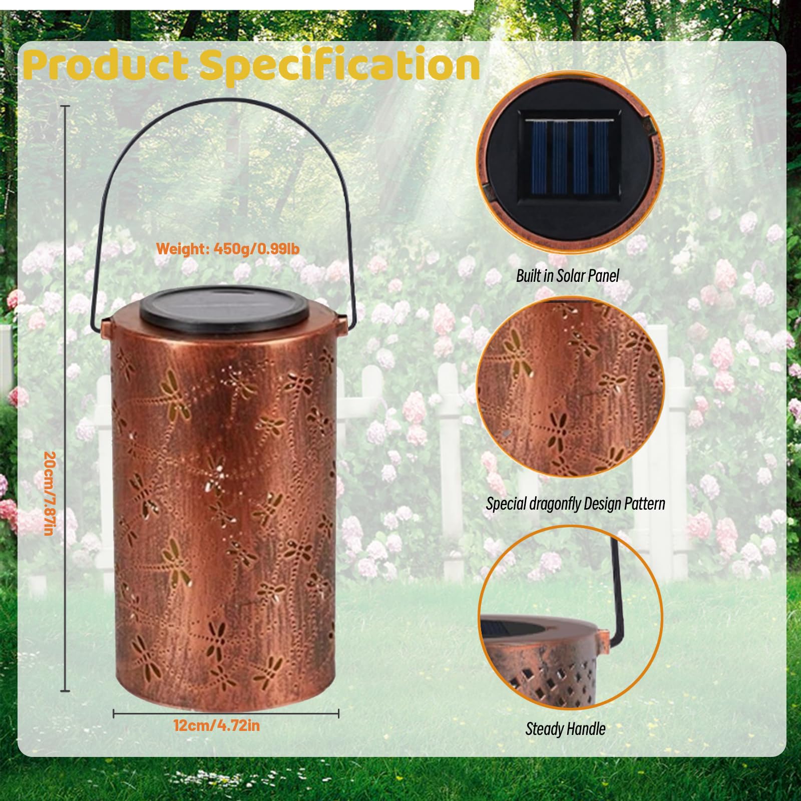 ZIKSUN Solar Lanterns Outdoor Garden Hanging Lights, Dragonfly Hollow Design IP65 Waterproof Lantern - Image 2