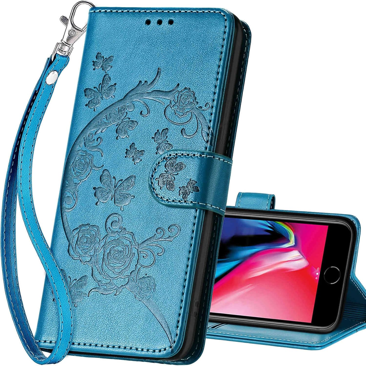 for iPhone SE 2022/7/8/SE 2020 Wallet case, Blue-Flower