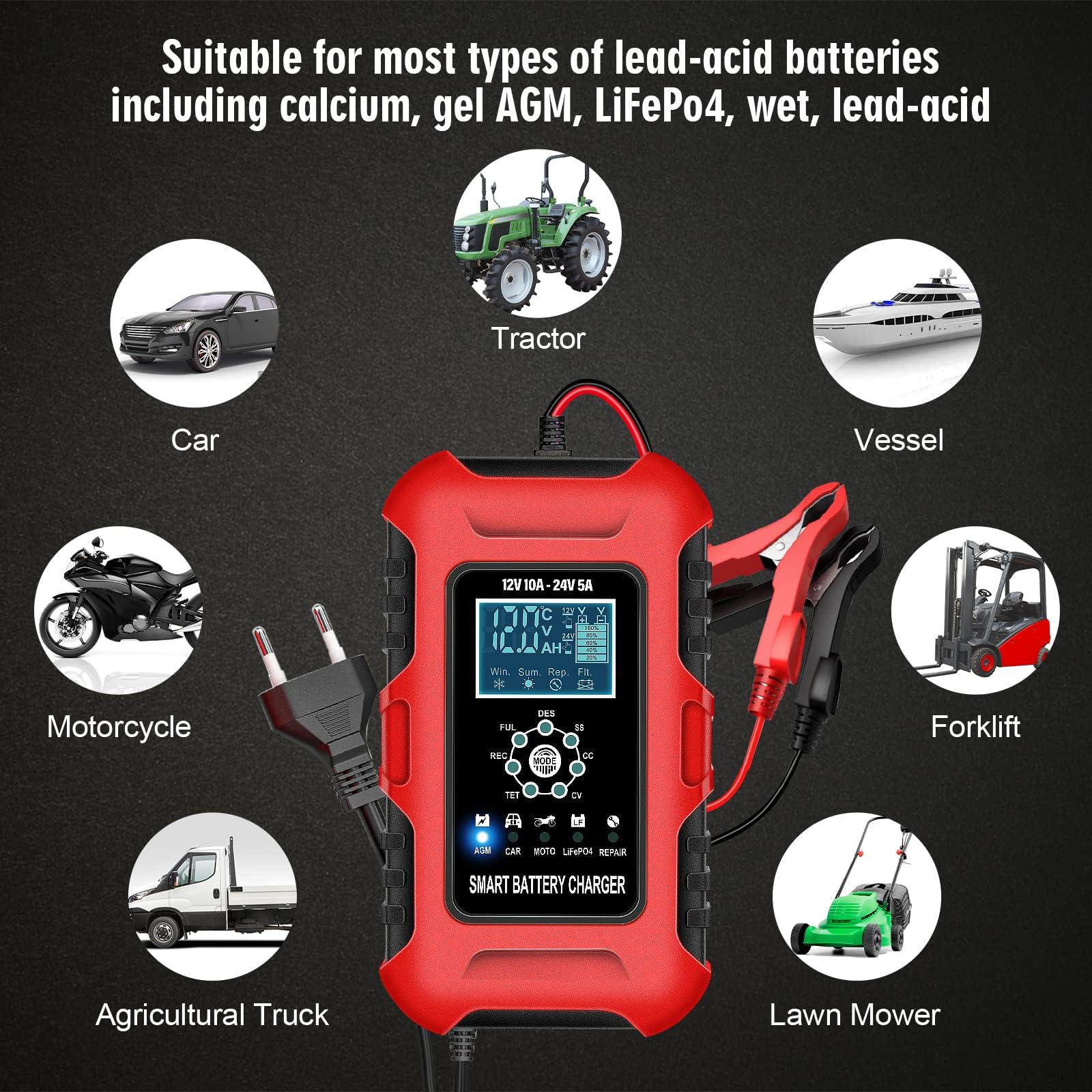 YDBAO Chargeur De Batterie Voiture 10A 12V LiFePO4 Chargeur Intelligent Pour Auto Moto Avec 5 Modes Reparation Ecran Lcd Pour Auto Voiture Moto Camion Agm Gel Wet Lifepo4