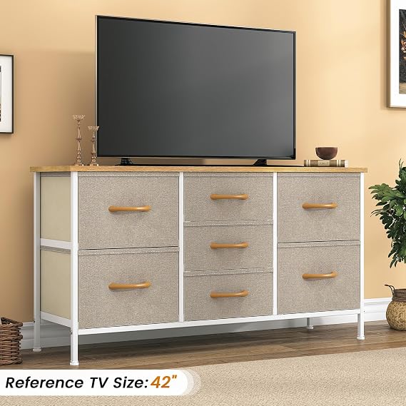 Feonase Chest of Drawers,Bedroom Dresser with 7 Fabric Drawers, Metal Frame & MDF Wood Top, Adjustable Feet, Storage Organizer Unit for Bedroom, Closet, Living Room, Office Hallway, Khaki