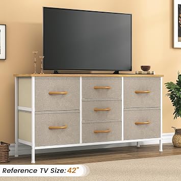 Feonase Chest of Drawers,Bedroom Dresser with 7 Fabric Drawers, Metal Frame & MDF Wood Top, Adjustable Feet, Storage Organizer Unit for Bedroom, Closet, Living Room, Office Hallway, Khaki