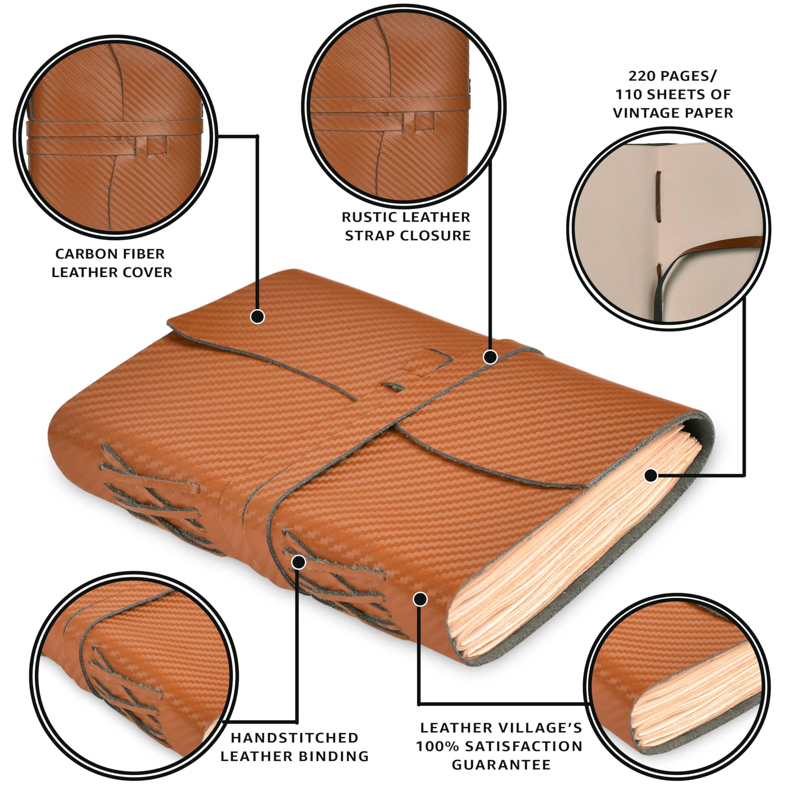 LEATHER VILLAGE Carbon Fiber Leather Bound Journal, 7'' x 5'', 220 Pages, Vintage Blank Paper Diary for Writing Drawing - Image 3