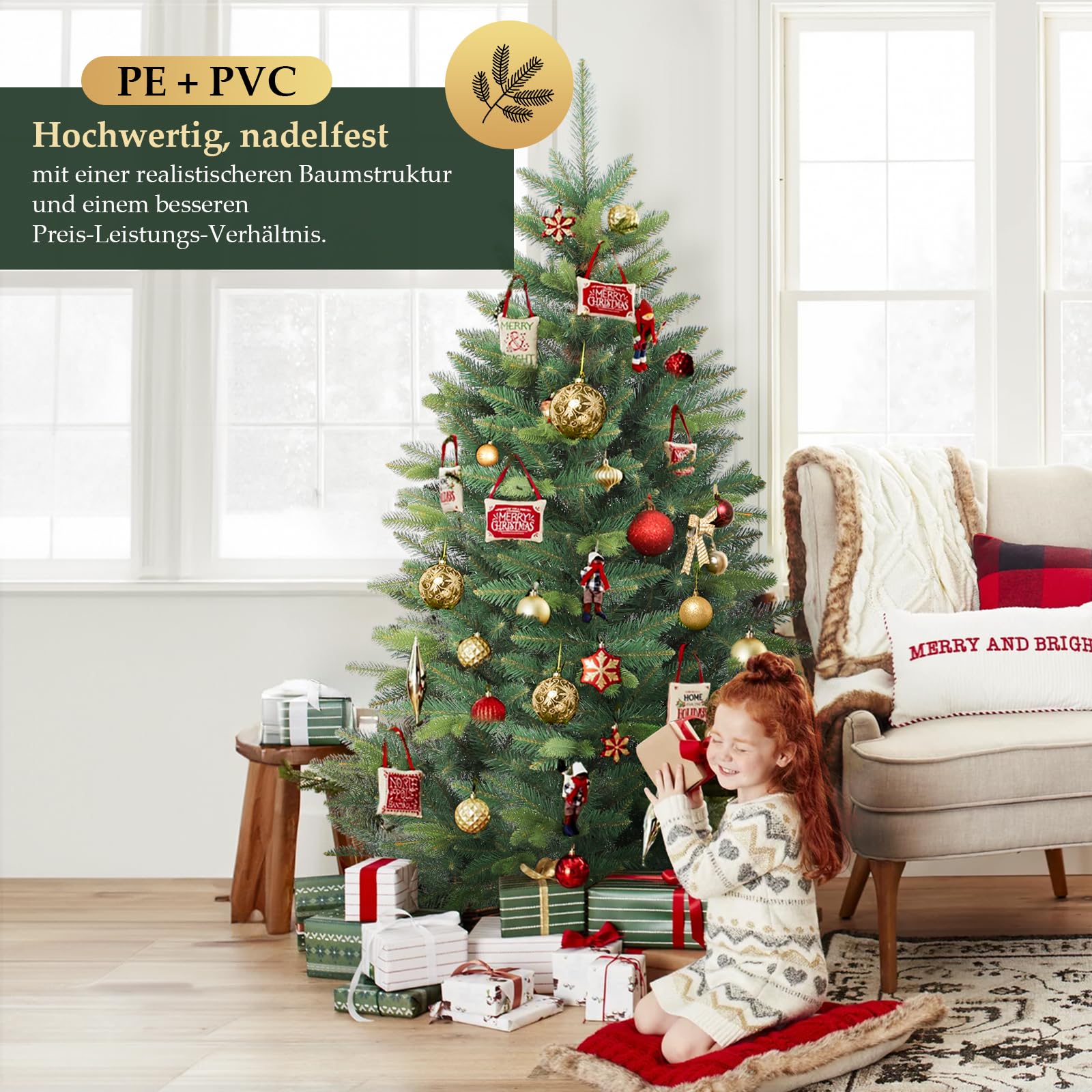 SALCAR 180cm Künstlicher Weihnachtsbaum Premium, Nordmanntanne mit Holzständer, Realistische PE+PVC Tannenbaum, Einfacher Aufbau für Ihre Weihnachtsdekoration