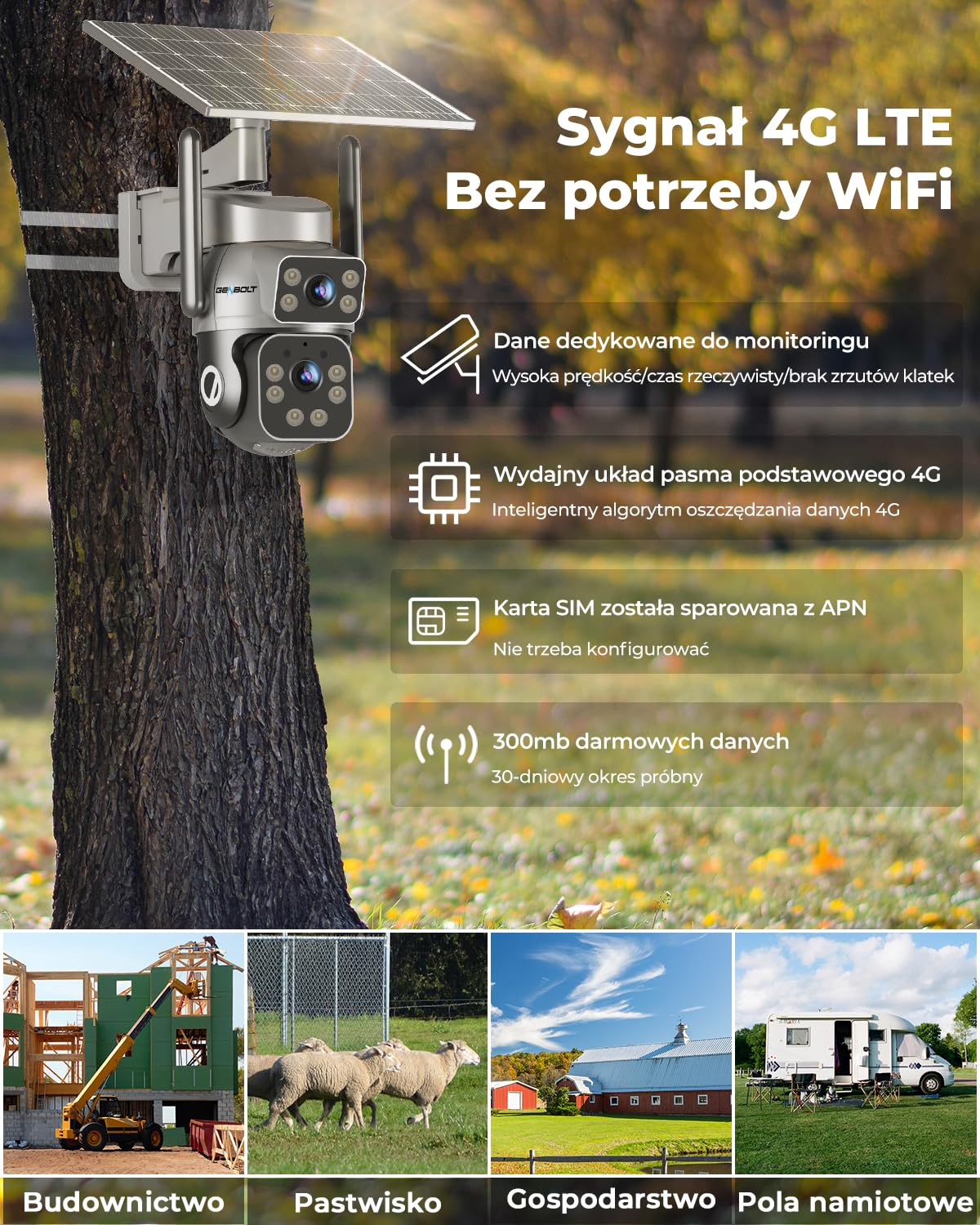 GENBOLT 3G/4G LTE Cellular Zewnętrzna Kamera do Monitoringu, AOV Kamera Słoneczna bez WiFi, 8W 14400mAh Zewnętrzna bateria, System Kamera IP PTZ Solar Secruity Camera 4G z Kartą SIM
