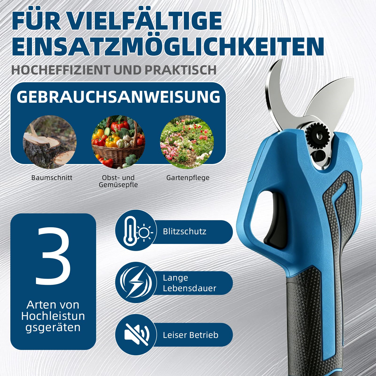 Akku Astschere 40 mm Schnittdurchmesser – SK5 Klinge | bürstenloser Motor, LED-Display, inkl. 2x 2000mAh Lithium-Akku, Handsäge, Handschuhe & Wetzstein,Komplettes Gartenscheren-Set