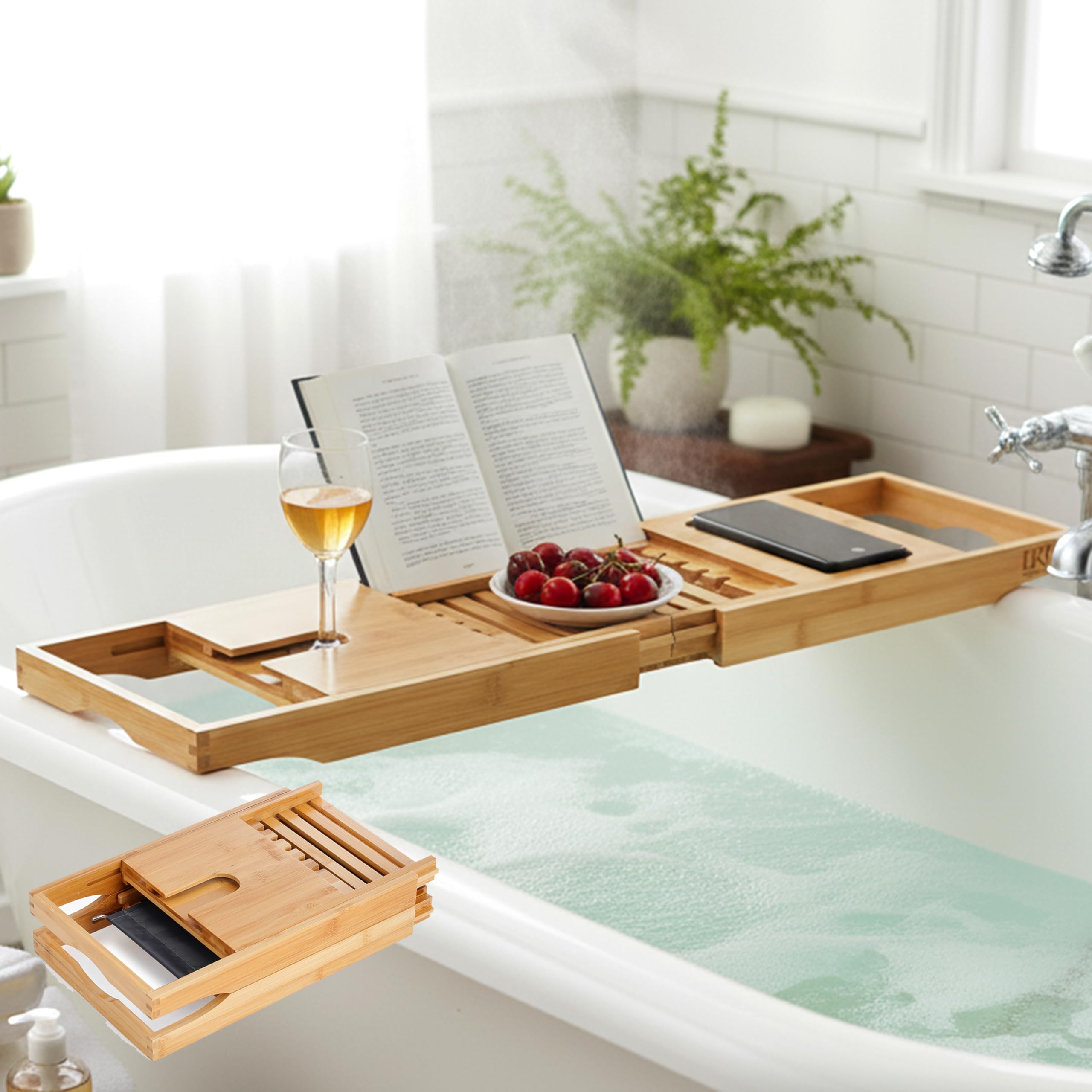 LKH Bamboo Bath Tray Caddy Expandable - Wooden Bath Trays for Across the Bath - Retractable & Foldable Bath Rack Tray with Mobile, Tablet & Book Stand - Bath Caddy for Bath Accessories