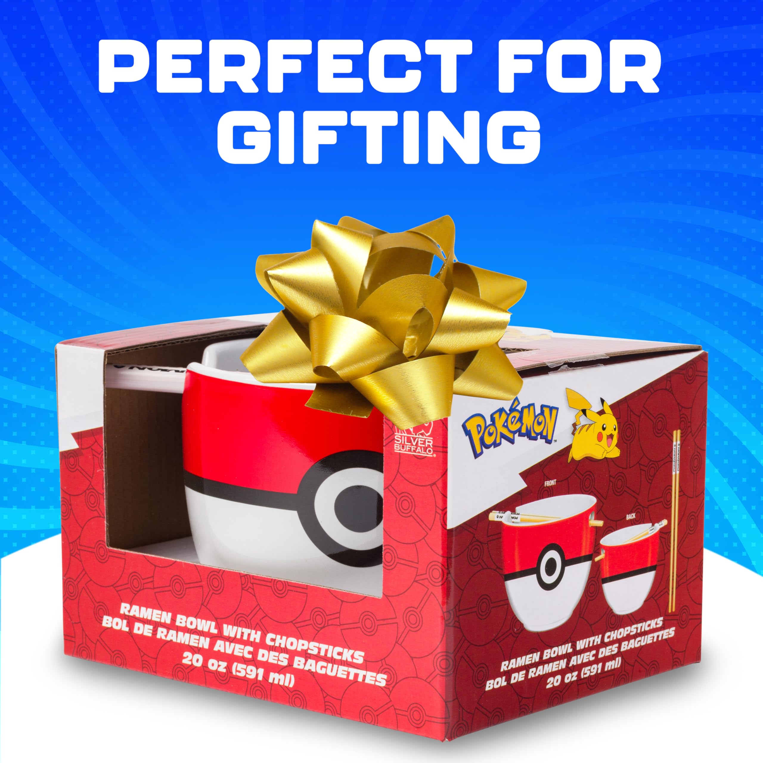 Silver Buffalo Pokemon Pokeball Ramen-Nudelschale aus Keramik mit Essstäbchen, mikrowellengeeignet, 590 ml