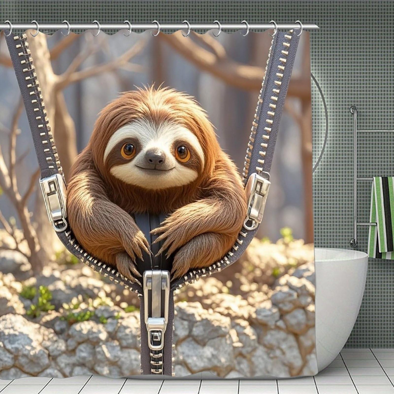 FekiLoot Sloth on Zipper Shower Curtain Minimalist Thick Bathroom Curtain Washable Modern Bathroom Shower Curtain Heavy Duty Waterproof Cloth Bath Curtain with Hooks 70.8"x70.8"