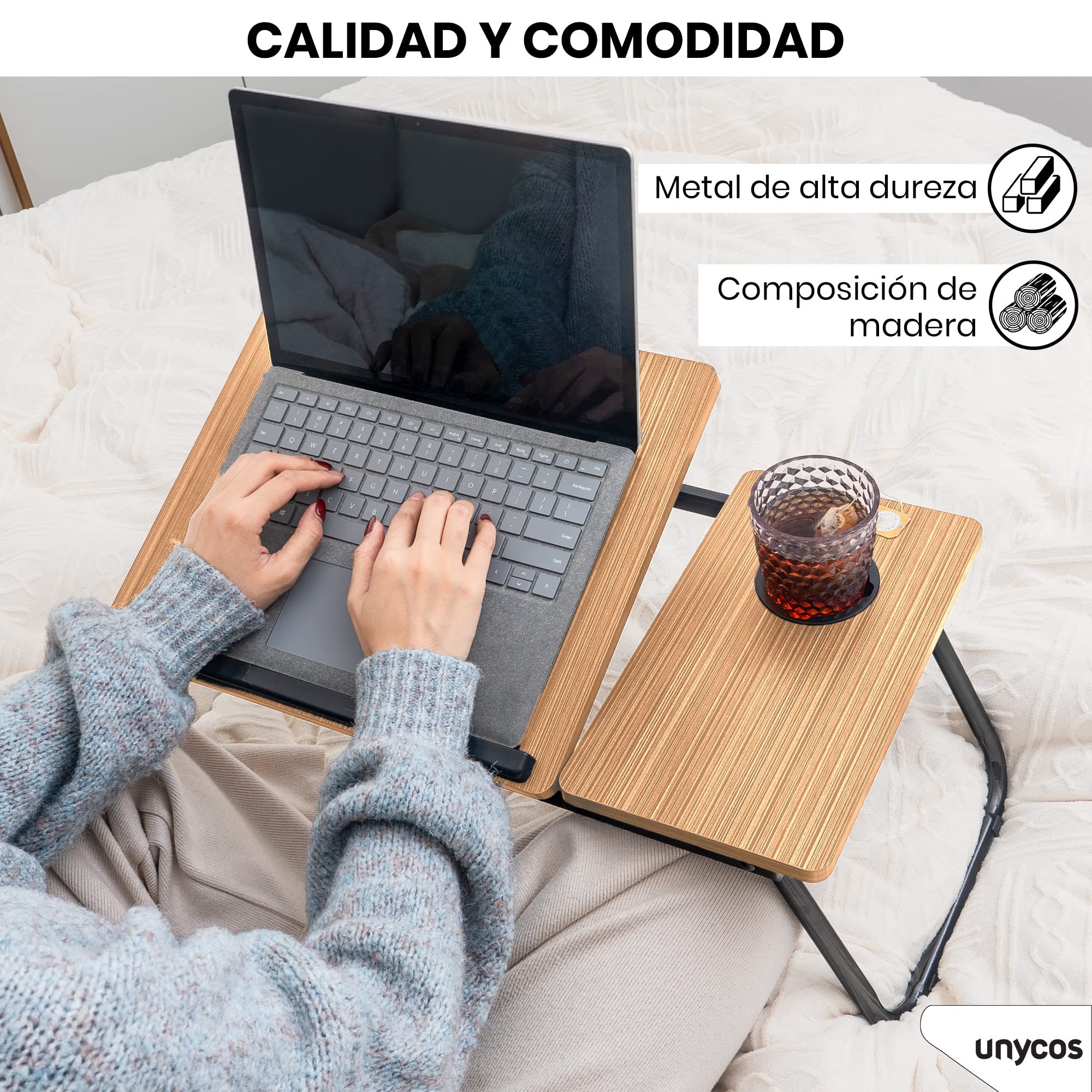 unycos - Bandeja para Cama y Sofá Reclinable, Mesa Plegable de Desayuno con Portavasos para Ordenador Portátil y Libros, Mesita Auxiliar en MDF/Acero/Plástico 56x33x23cm | 22,04" x12,99 x9,05 (Nuez) — view 6