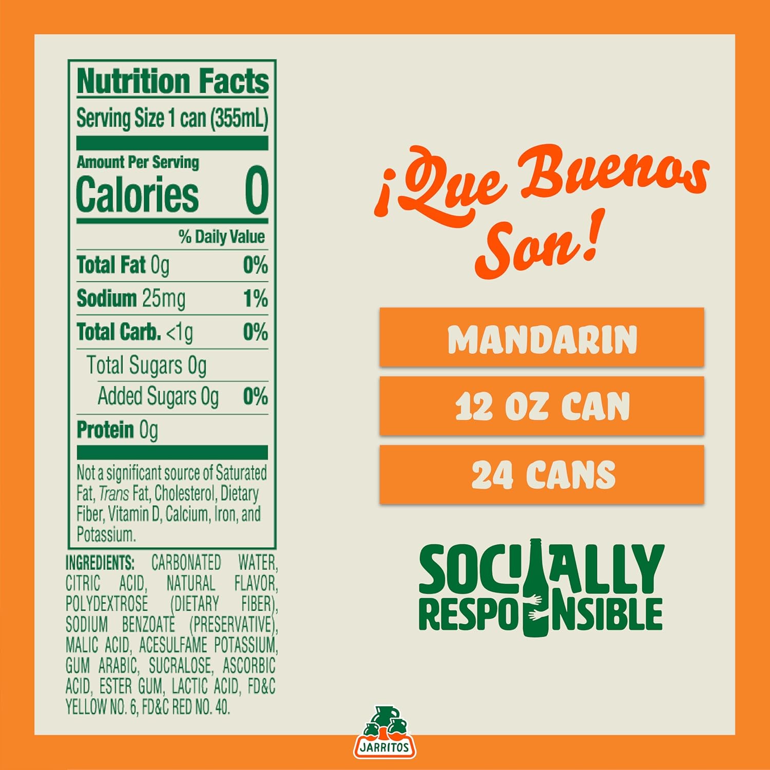 Jarritos - Mexican Soda Soft Drinks, Mandarin ZERO Sugar (12 oz, 355ml) 24 Cans (3 Boxes of 8) - Sugar Free - 0 Calories, 0g Fat - Made in Mexico - Natural Flavor Soda Pop - Party & BBQ Beverages