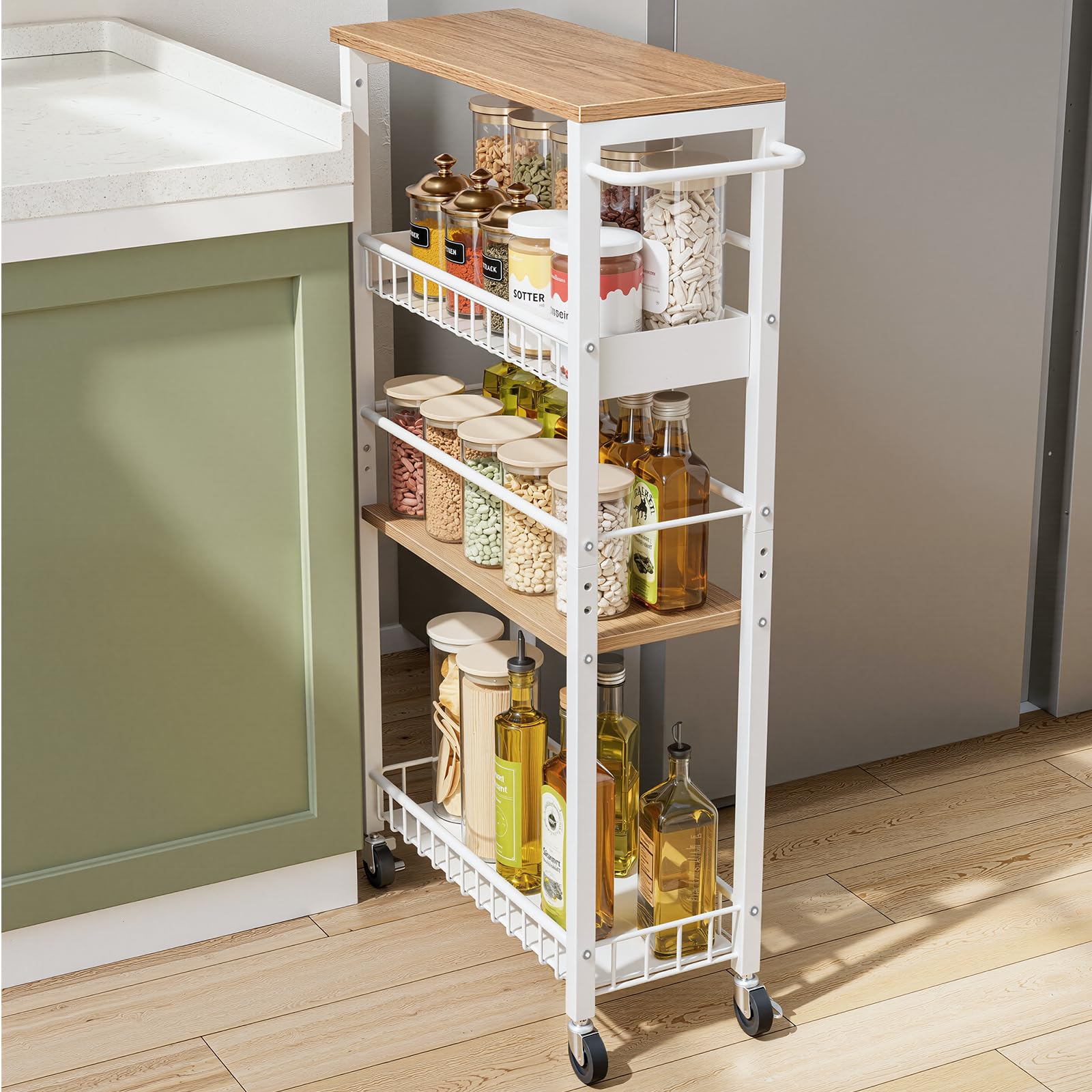 Carrello Portaoggetti Sottile con Ruote, Carrello a 4 Ripiani con Maniglia, 7,1" di Profondità, Altezza Regolabile, Scaffale Mobile Multiuso per Cucina, Bagno, Lavanderia, Bianco