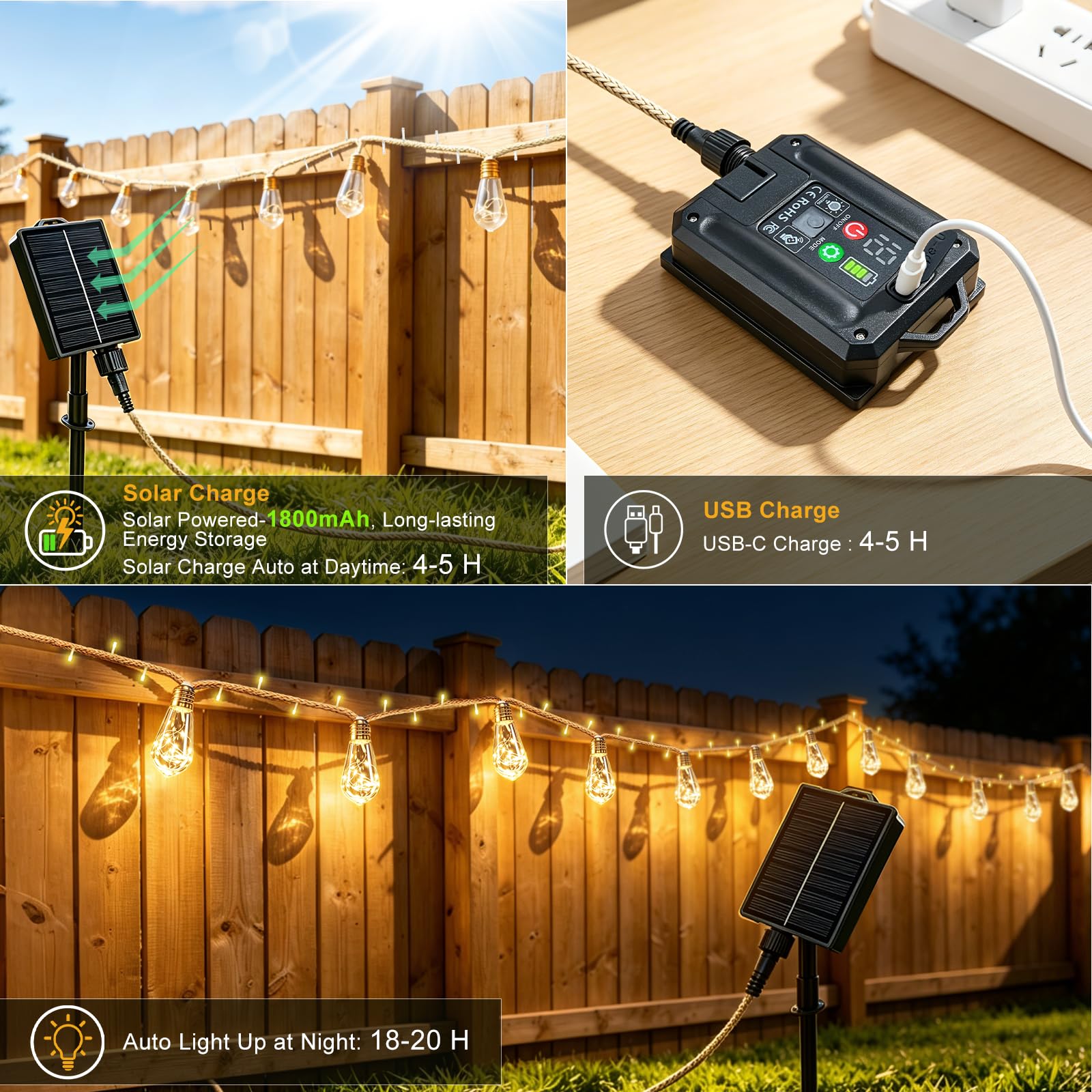 Cadena de luces solares para exteriores, 17,5 m, cadena de luces solares para exteriores, con 30 bombillas, 8 modos, mando a distancia, temporizador, cuerda de cáñamo, cuerda de cáñamo, cadena de