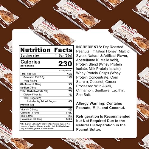 Miniatura 5 de ProGo Barritas energéticas  a base de mantequilla de maní con 0.53 onzas de suero aislado puro, sin gluten, alto en potasio y calcio RDA