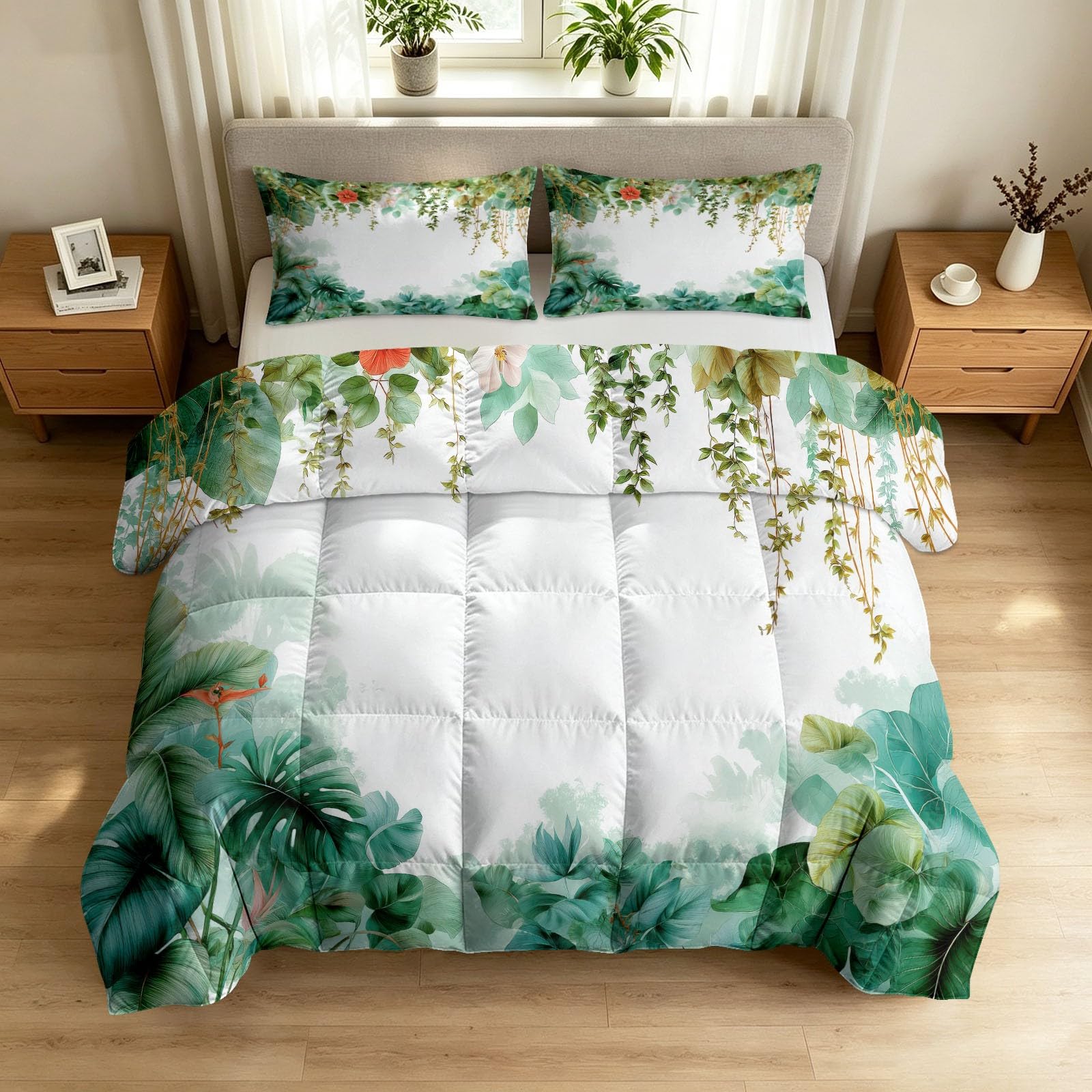 Trapunta 4 stagioni reversibile con 2 federe, 220 x 240 cm stile giungla tropicale disegnato a mano viti pappagalli fiori foglie bianco trapunta trapuntata senza cappuccio morbido traspirante