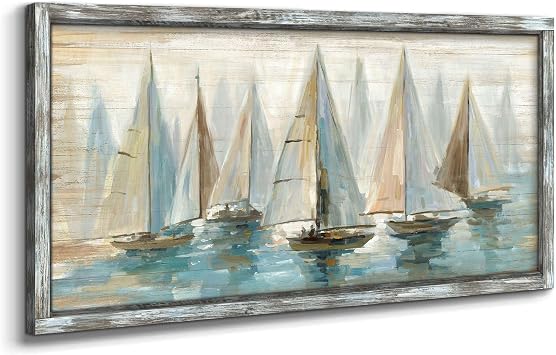 Beach Pictures Wall Decor Framed Large Coastal Artwork Sailboat Picture Wall Art Abstract Painting on Ocean Seaside Wooden Art for Bedroom48x24