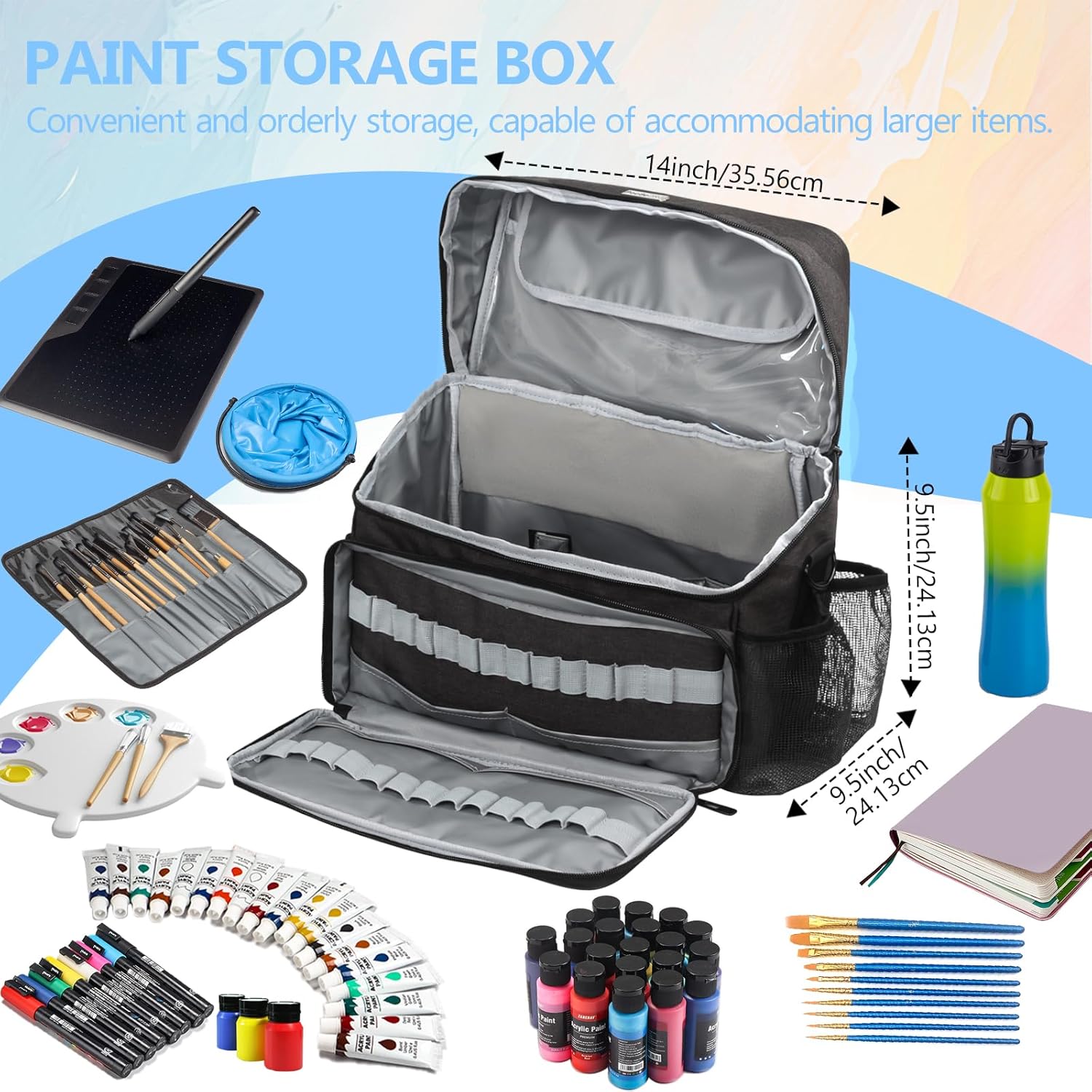 Acrylic Paint and Brush Set Organizer Bag - Carrying Case Compatible with Apple Barrel, Shuttle Art, Caliart Art Supplies - Includes Detachable Paint Brush Holder - for Home/Travel/Outdoor (Pro Black)