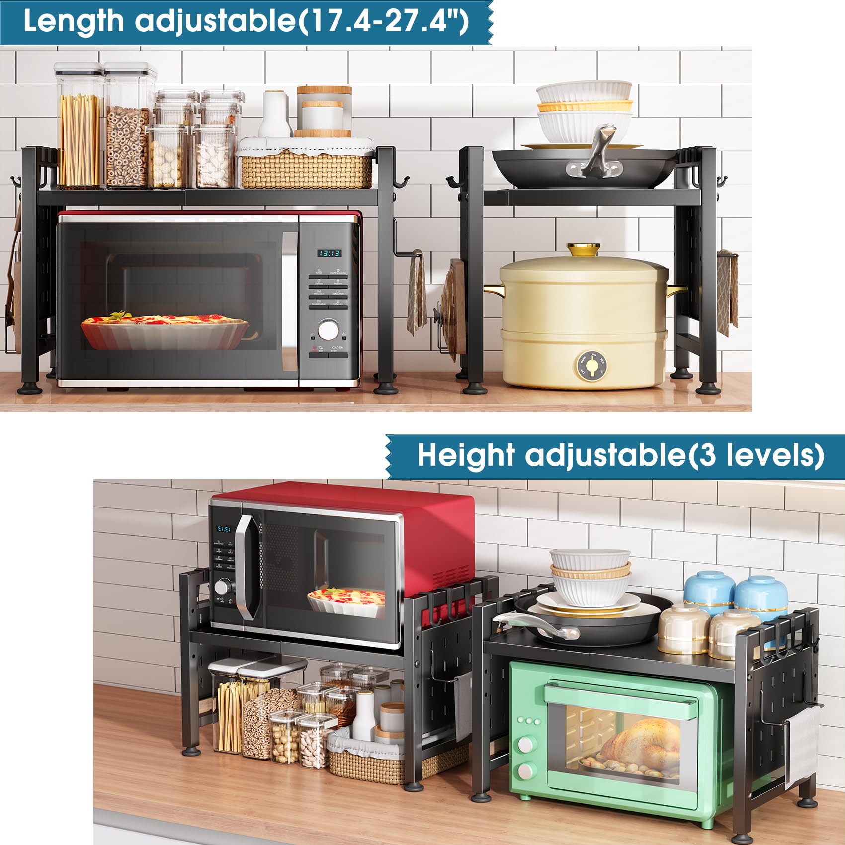Kitstorack Verstellbares Mikrowellen-Regal, Mikrowellen-Regal, robustes 2-stöckiges Regal mit Schneidebrettern, Ständer für Küchenregale, Theken-Organizer, hält 54,4 kg, 9 Haken