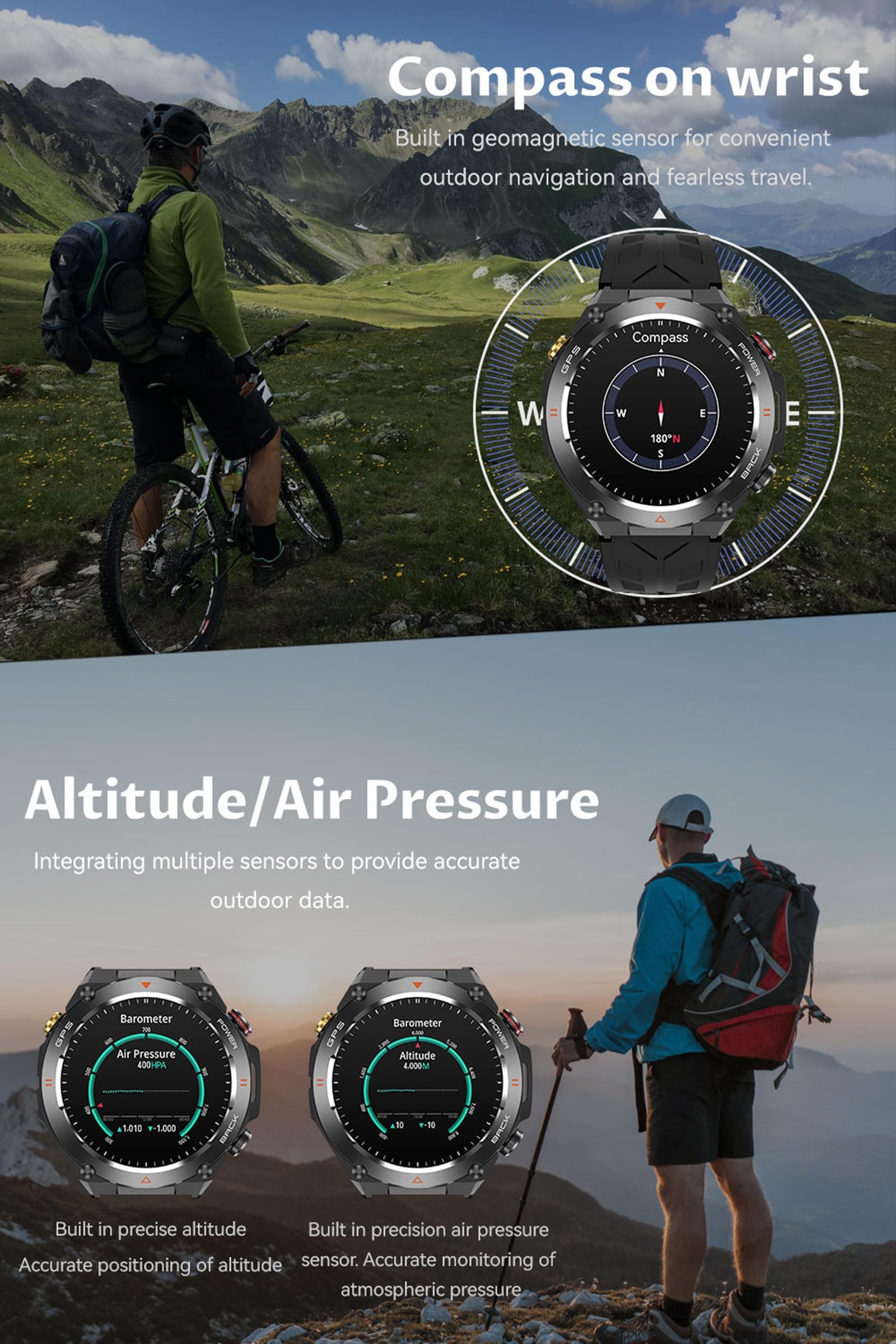 findtime Orologio da polso da uomo e da donna, GPS, orologio militare con bussola, barometro, funzione di telefono, tracker del sonno, fitness, contapassi, orologio sportivo per attività all'aria