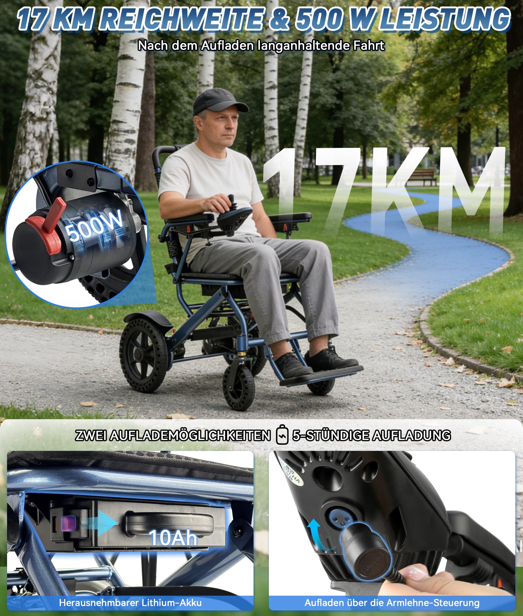 Silla de ruedas eléctrica plegable, capacidad de carga de 170 kg, silla de ruedas eléctrica ligera con doble control, motor de 500 W y freno electromagnético para personas mayores, batería de litio de