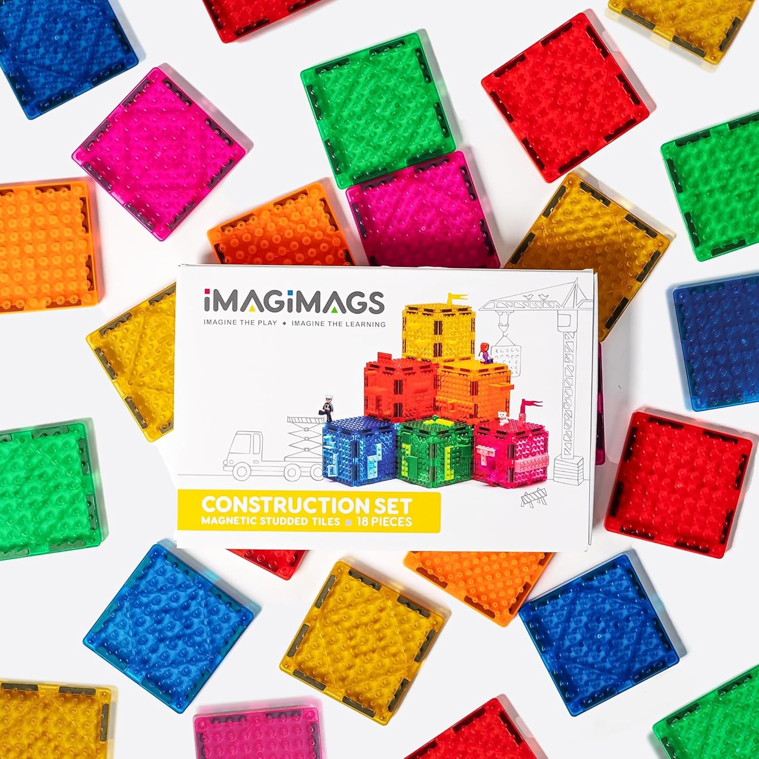 Studded Magnetic Tiles Construction Set – Building Brick Compatible Expansion Pack (18 Pieces) – Connects Magnetic Tiles to Small Building Bricks – Kids 5+