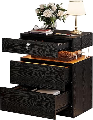 Miniatura 1 de LIKIMIO Mesita de noche con estación de carga, mesita de noche con almacenamiento y luces LED, mesita de noche con 3 cajones, USB y cerradura, mesa