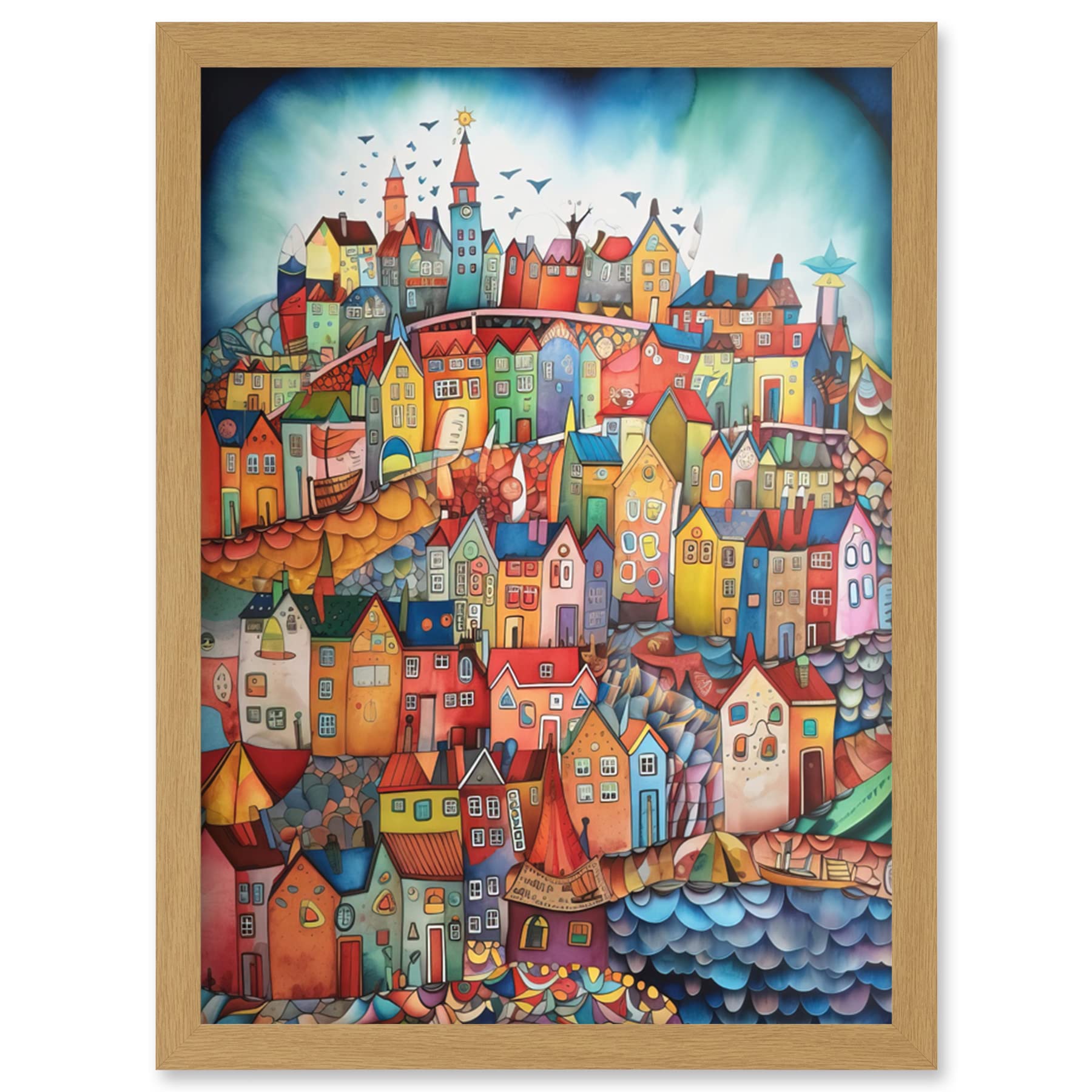 Artery8 Abstract Fishing Village Folk Art Artwork Framed Wall Art Print A4