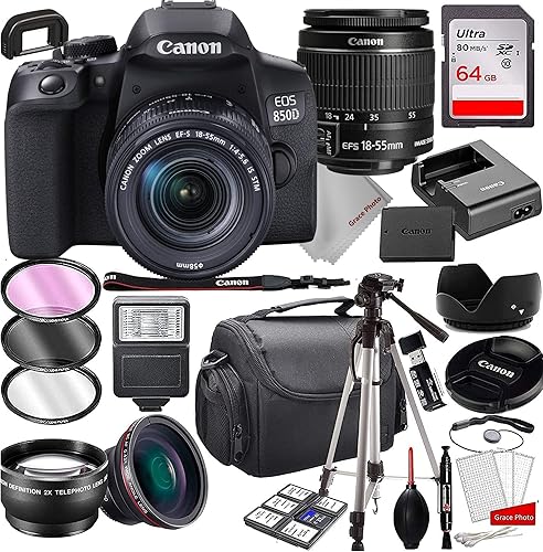 Canon Cámara DSLR EOS 850D (Rebel T8i) con 0.709-2.165 in es un paquete de lentes de zoom STM + memoria de 64 GB, funda, trípode y más (renovado)