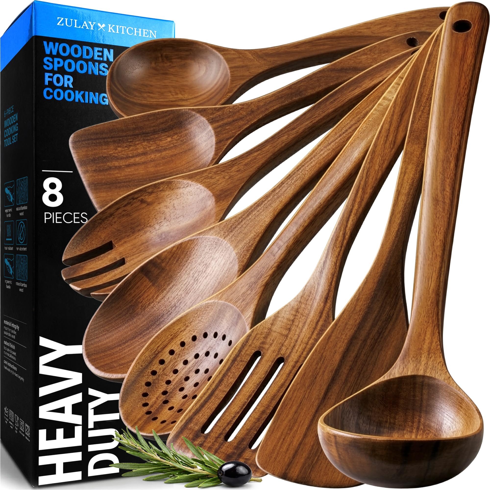 Zulay Kitchen Premium 8-Piece Wooden Spoons - Smooth Finish, Natural Teak Wood, Non-Stick, Handmade