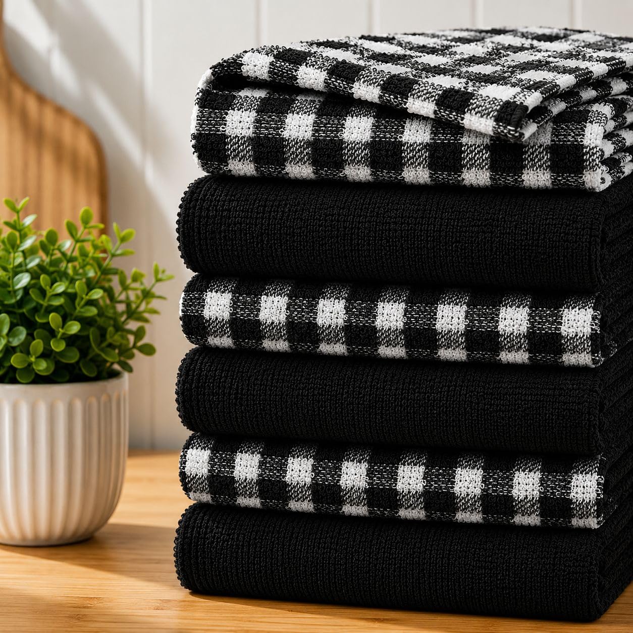 Casabella Pack Of 6 Terry Towelling Cotton Kitchen Tea Towels Soft Black New