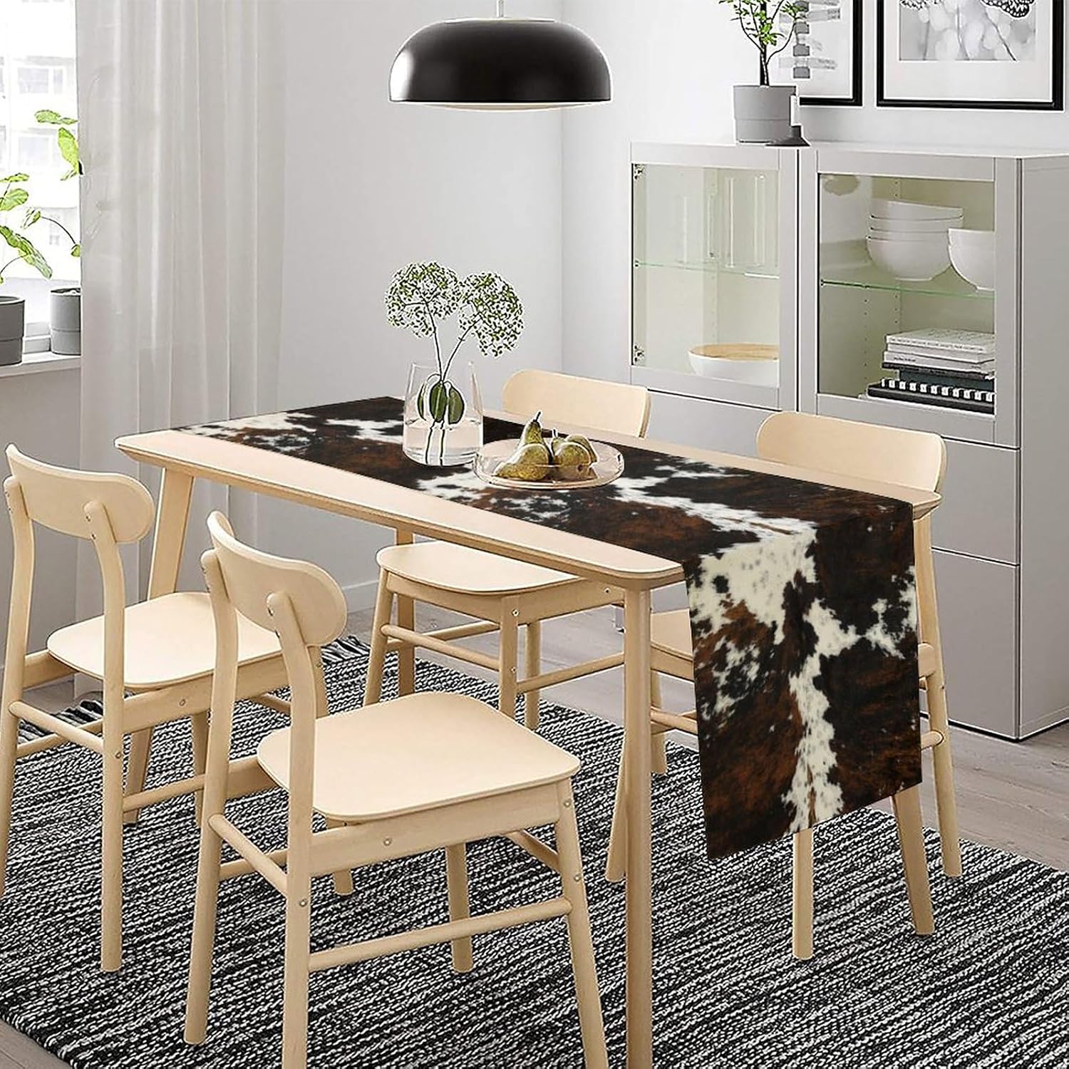 Cow Skin Print Table Runner, Cotton Linen Rustic Cottage Country Farm Animal Fur Skin Pattern Western Style Brown Cowhide Print Dinner Runner for Home Kitchen Dining Table Decoration 13"x90"