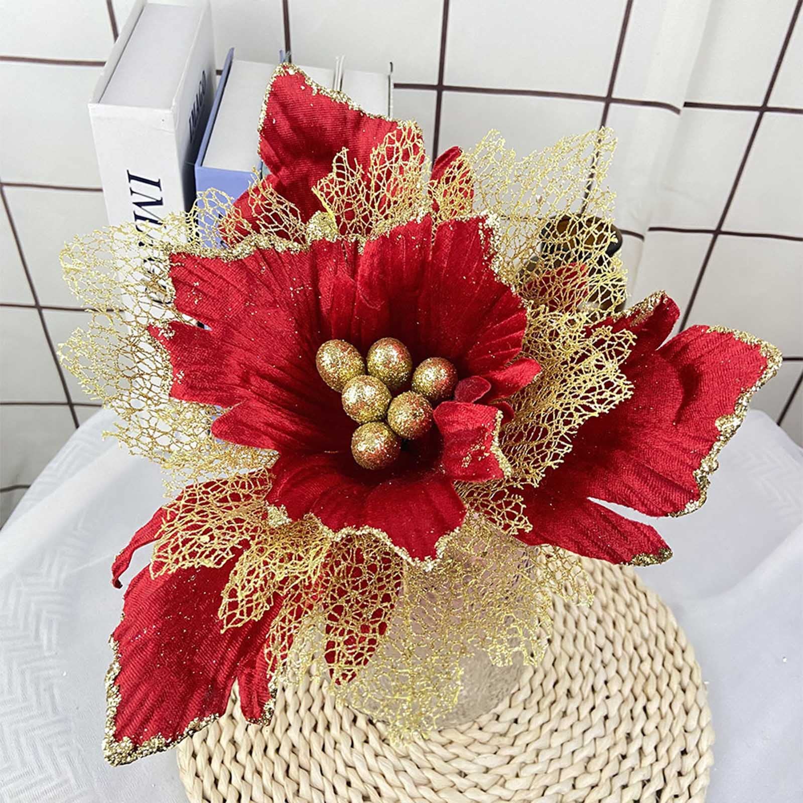 Kwqbhw Red 6Pcs Large Christmas Poinsettia Glitter Flowers Artificial Christmas Flowers With Stems Christmas Tree Garlands Wreaths Winter Poinsettia Decor