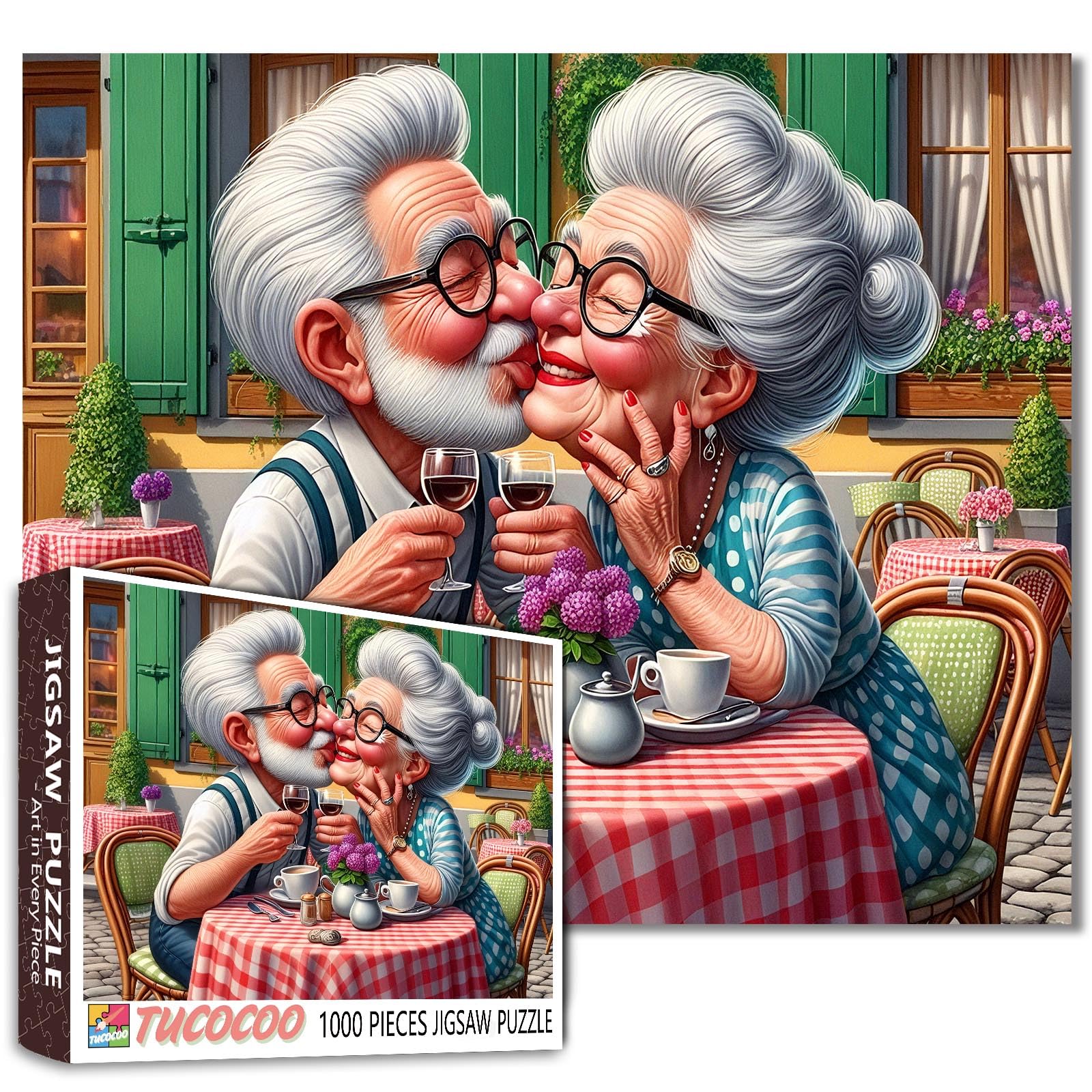 1000 Piece Jigsaw Puzzle Romantic Garden Café Scene Adult Entertainment Older Women Kitchen DIY Puzzles for Challenging Family Activity Games Elderly Lady Art Home Wall Decor Craft Gifts