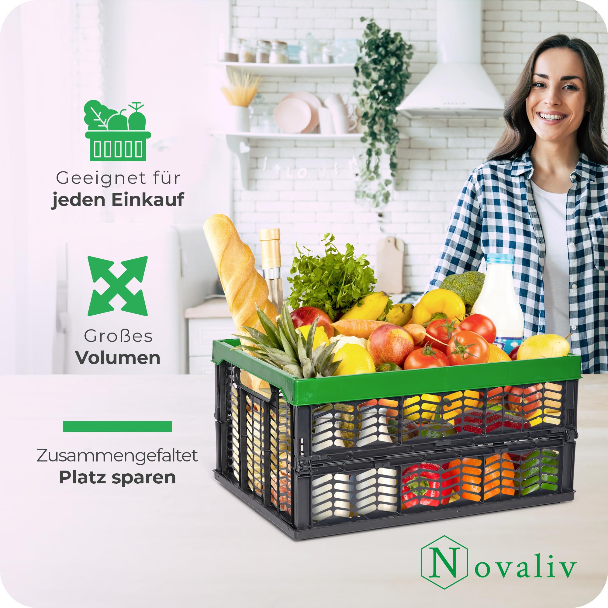 Novaliv Klappboxen faltbar stabil 6x 30L Grün Schwarz baskets Einkaufskiste Klappkisten Set Tragebox Aufbewahrung Einkaufskörbe Körbe Aufbewahrung Küche