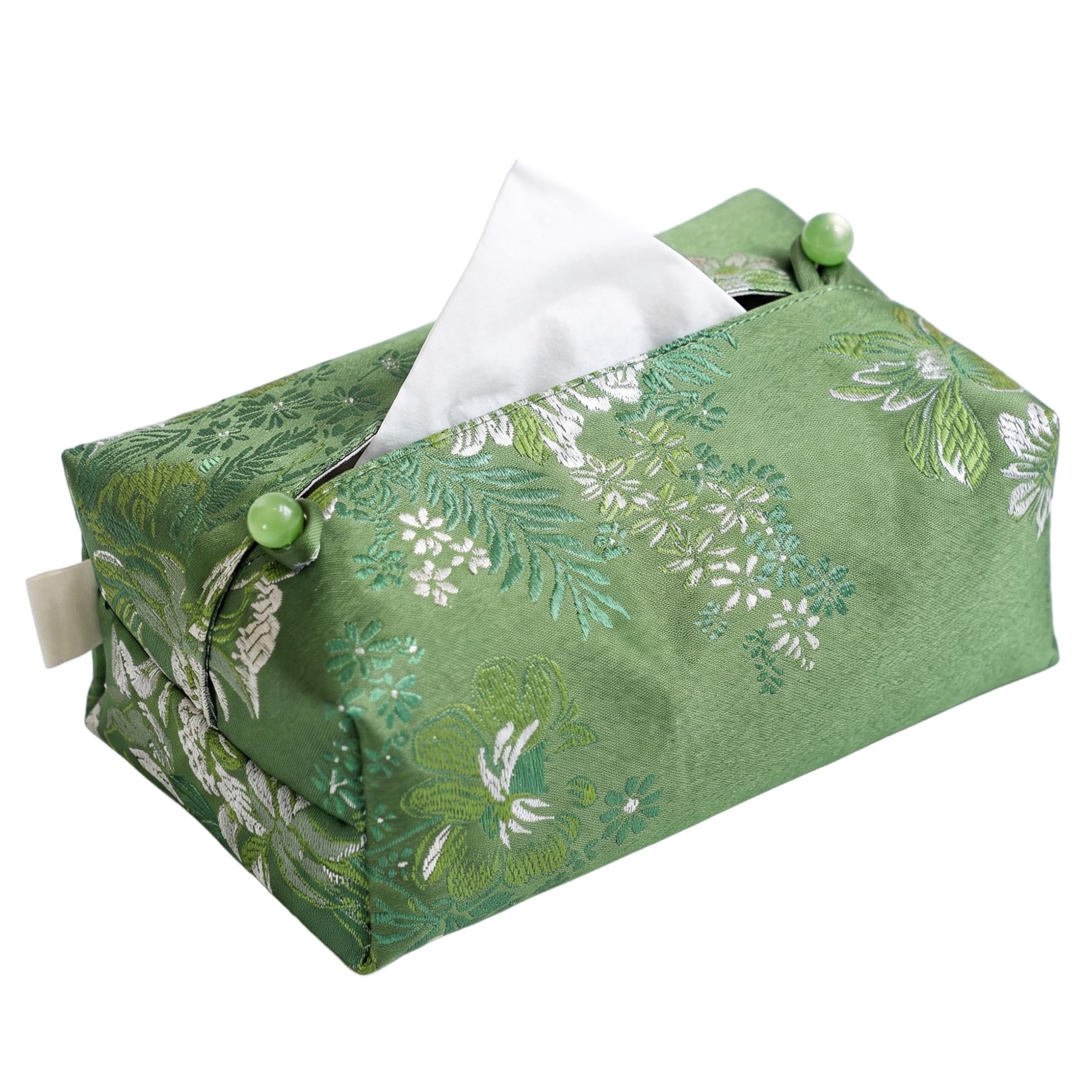 Bemonew Fabric Tissue Box Cover, Exquisite Embroidery Brocade Rectangle Tissue Box Cover for Home Car Living Room, Green
