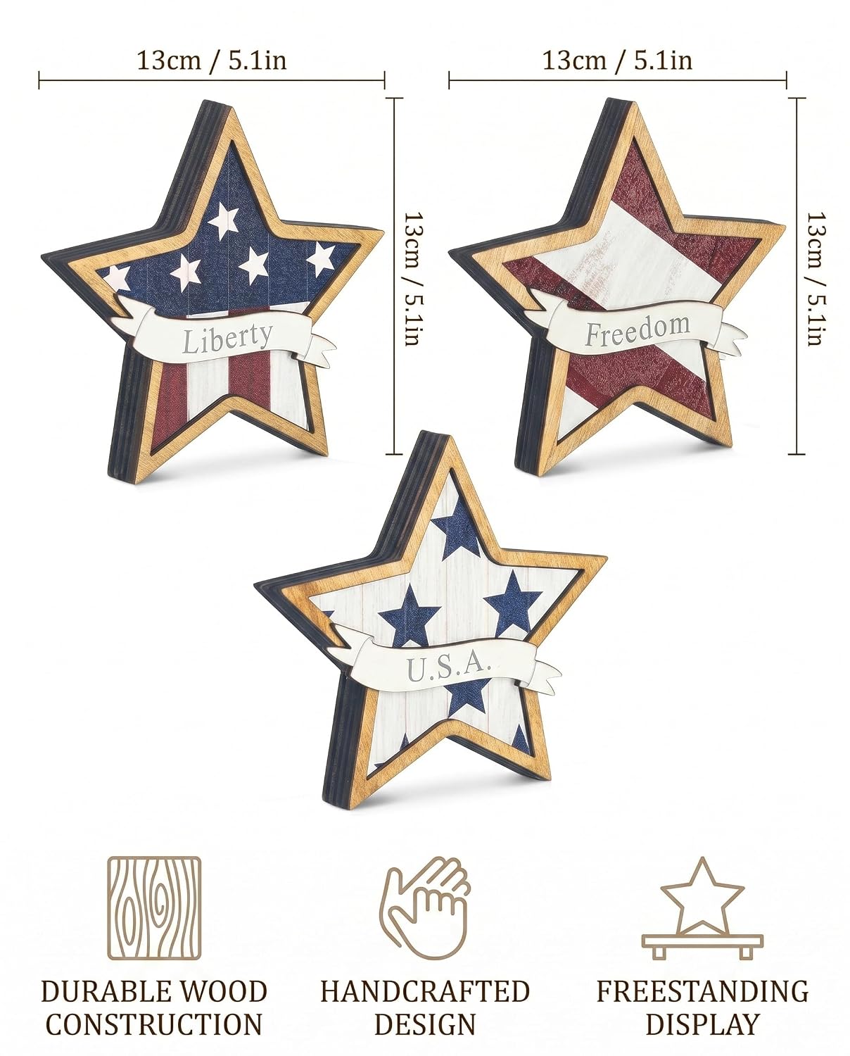 3 Pcs Wooden Stars, 4th of July Patriotic Americana Decor for Memorial Day & Independence Tiered Tray Table Decorations, White Blue Red Durable Home Office Accents