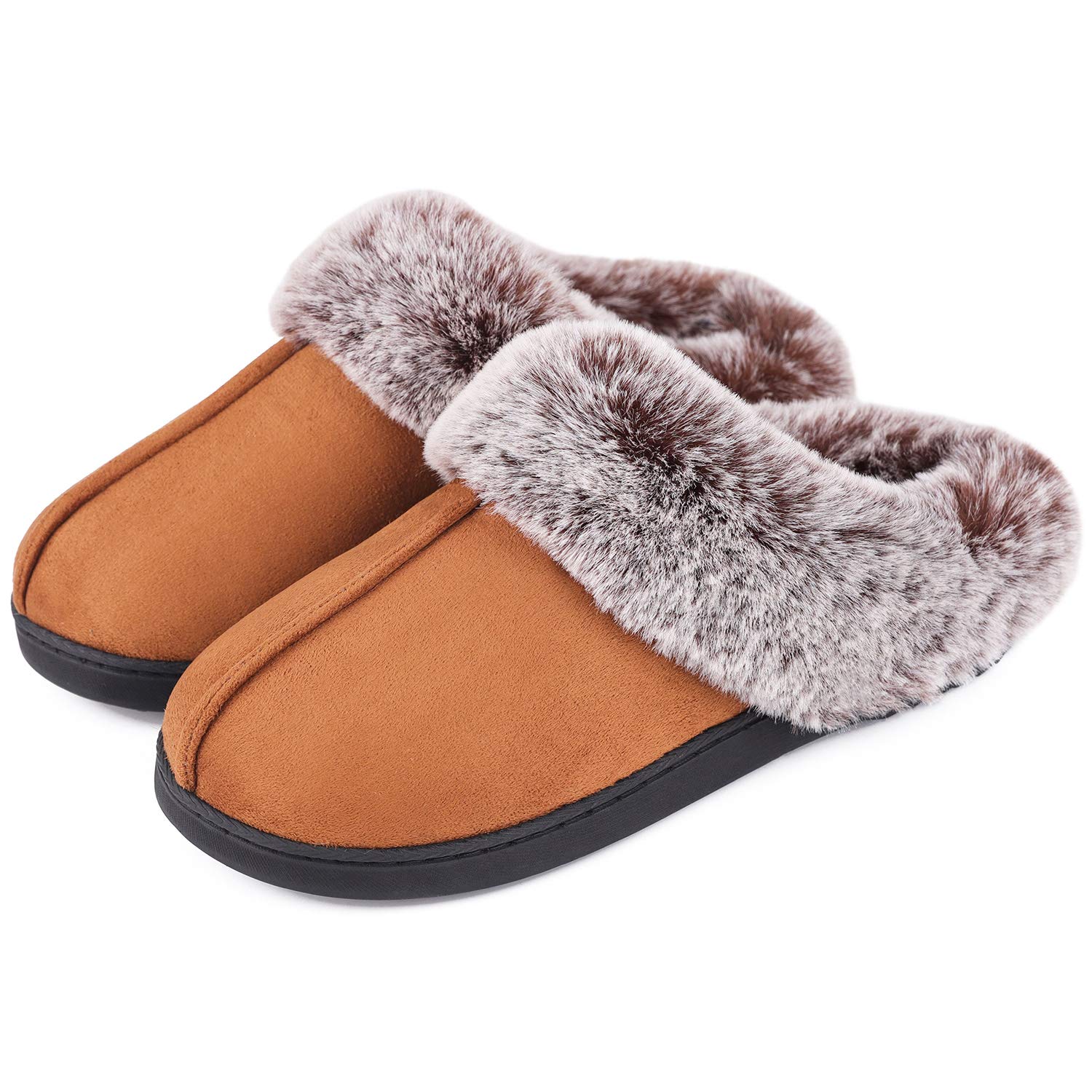 HomeTop Women's Classic Microsuede Memory Foam Slippers Durable Rubber Sole with Warm Faux Fur Collar