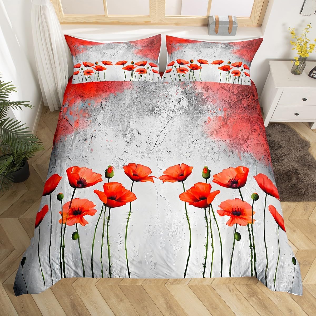 Manfei Poppy Kids Duvet Cover Set Queen Size,Red Flowers Rustic Farmhouse Bedding Set,Girls Boys Adults Room Decor,Grey White Graffiti Retro Comforter Cover,Bohemia Romantic Quilt Cover,2 Pillowcases