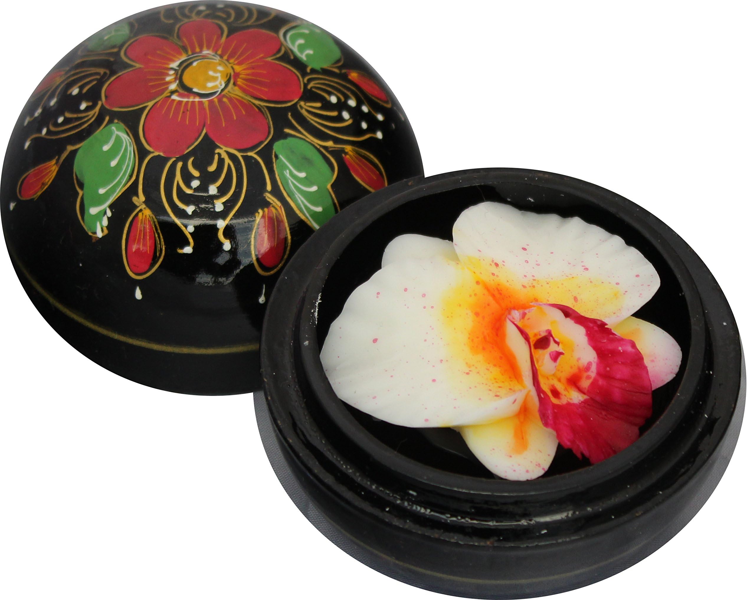 PureCachet Beautiful Thai Hand-Carved Scented Orchid Flower Soap in a Luxurious Hand-Painted Mango Wood Container (White with Red Center)