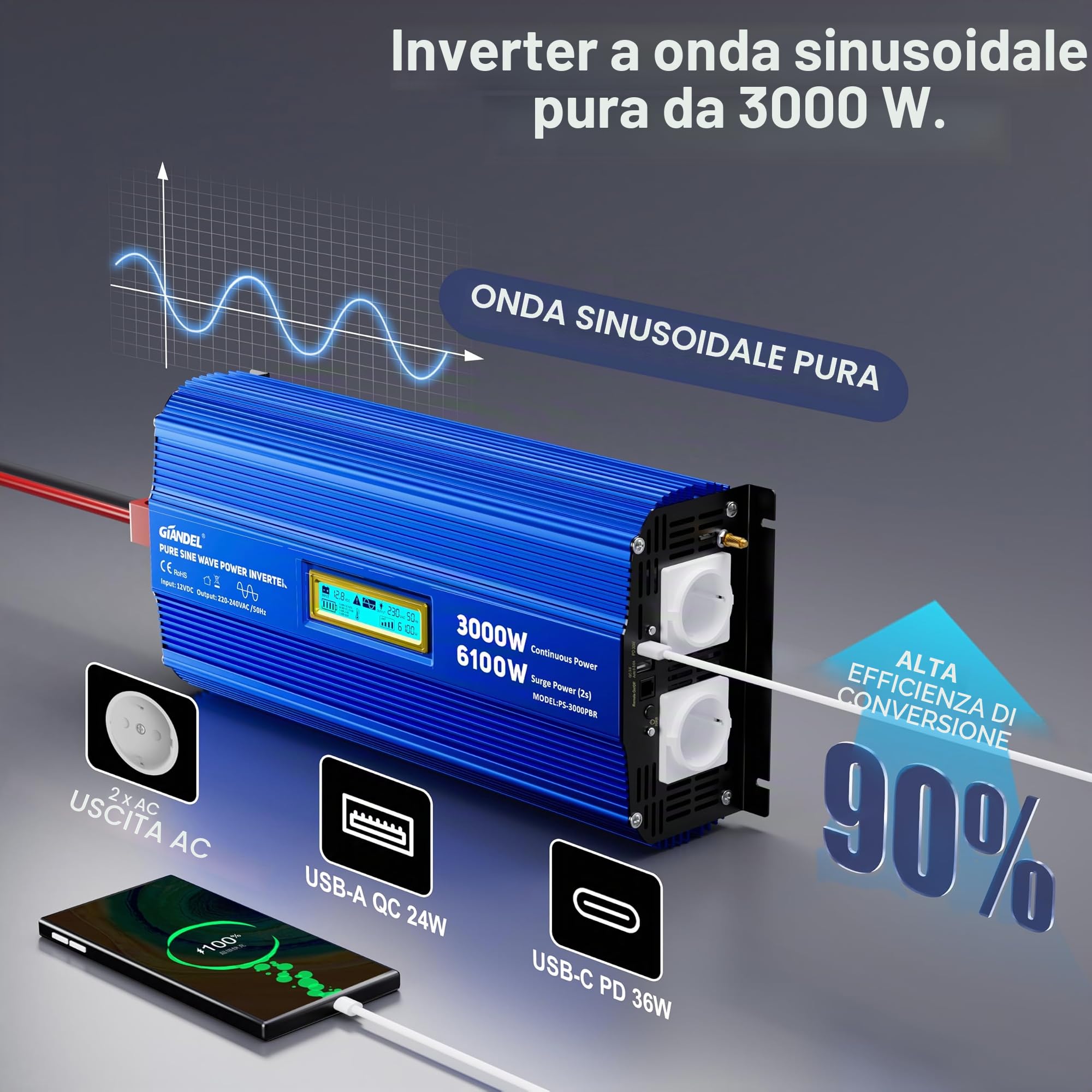 GIANDEL Inverter sinusoidale puro da 3000 W, 12 V a 230 V, potenza di picco 6100 W, compatibile con LiFePO4 Power Inverter con telecomando e USB-C PD 30 W, per camper, campeggio, roulotte