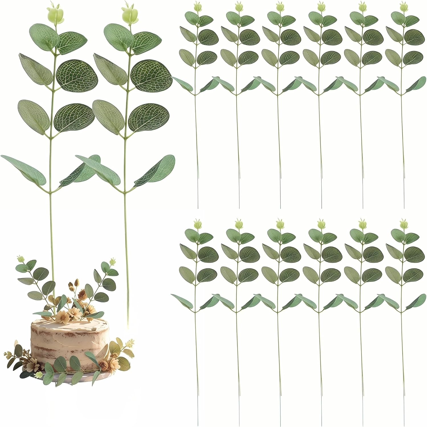 jojofuny 20 Pcs Eucalyptus Leaf Cake Toppers, Natural Shape DIY Baking Adorns & Bouquet Filler for Birthday, Wedding & Garden Party Decoration - Eco-Friendly Easy to Use for Bakers & Florists